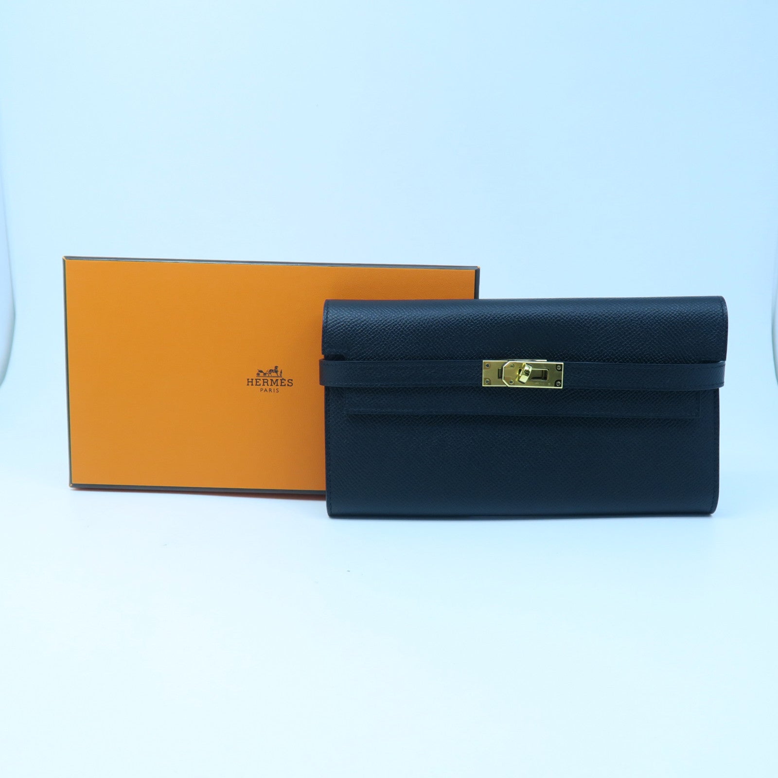 HERMES Epsom Leather Kelly Wallet Gold Buckle Long Wallet Black