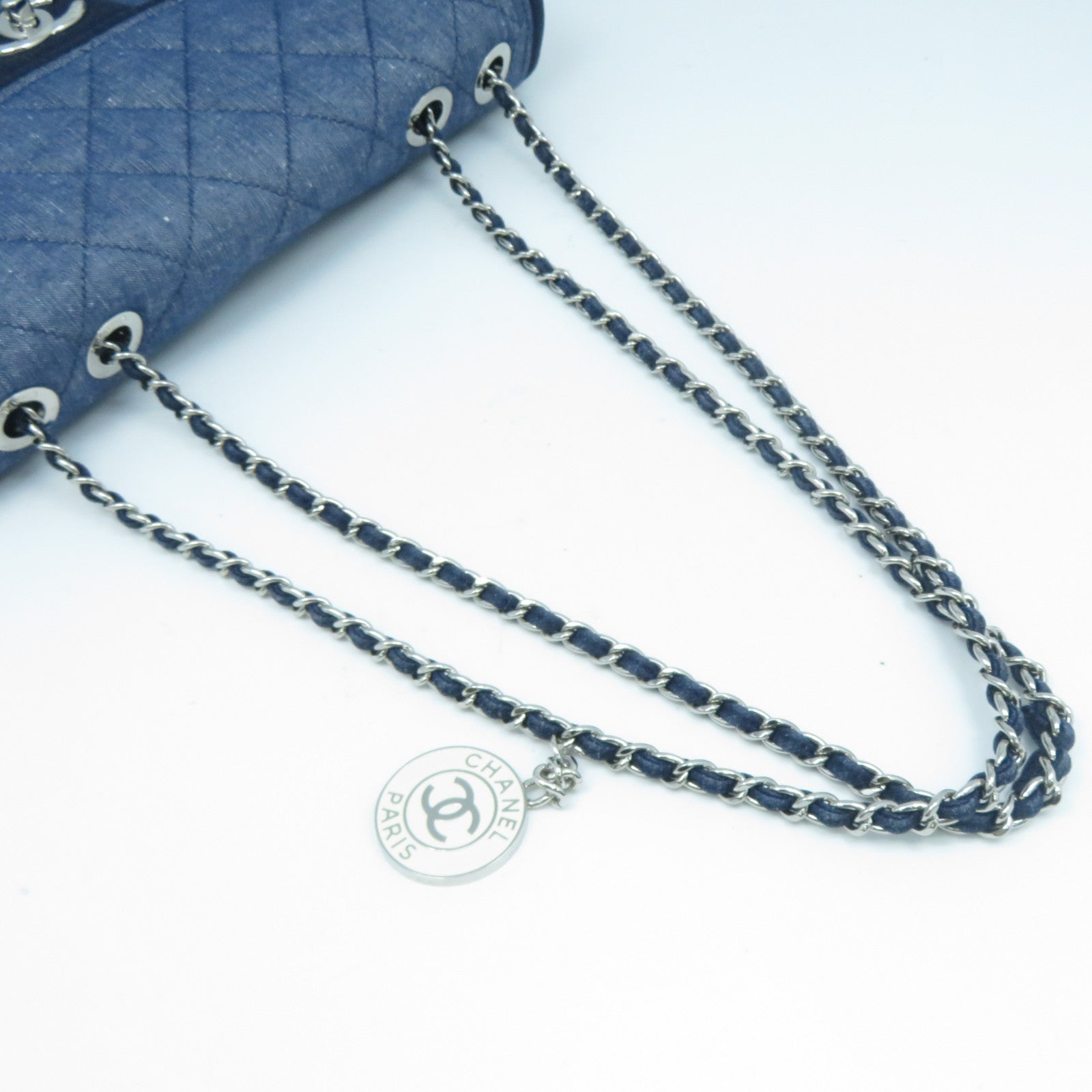 CHANEL 菱格牛仔布Chain Shoulder Bag銀扣鏈帶肩背包藍色