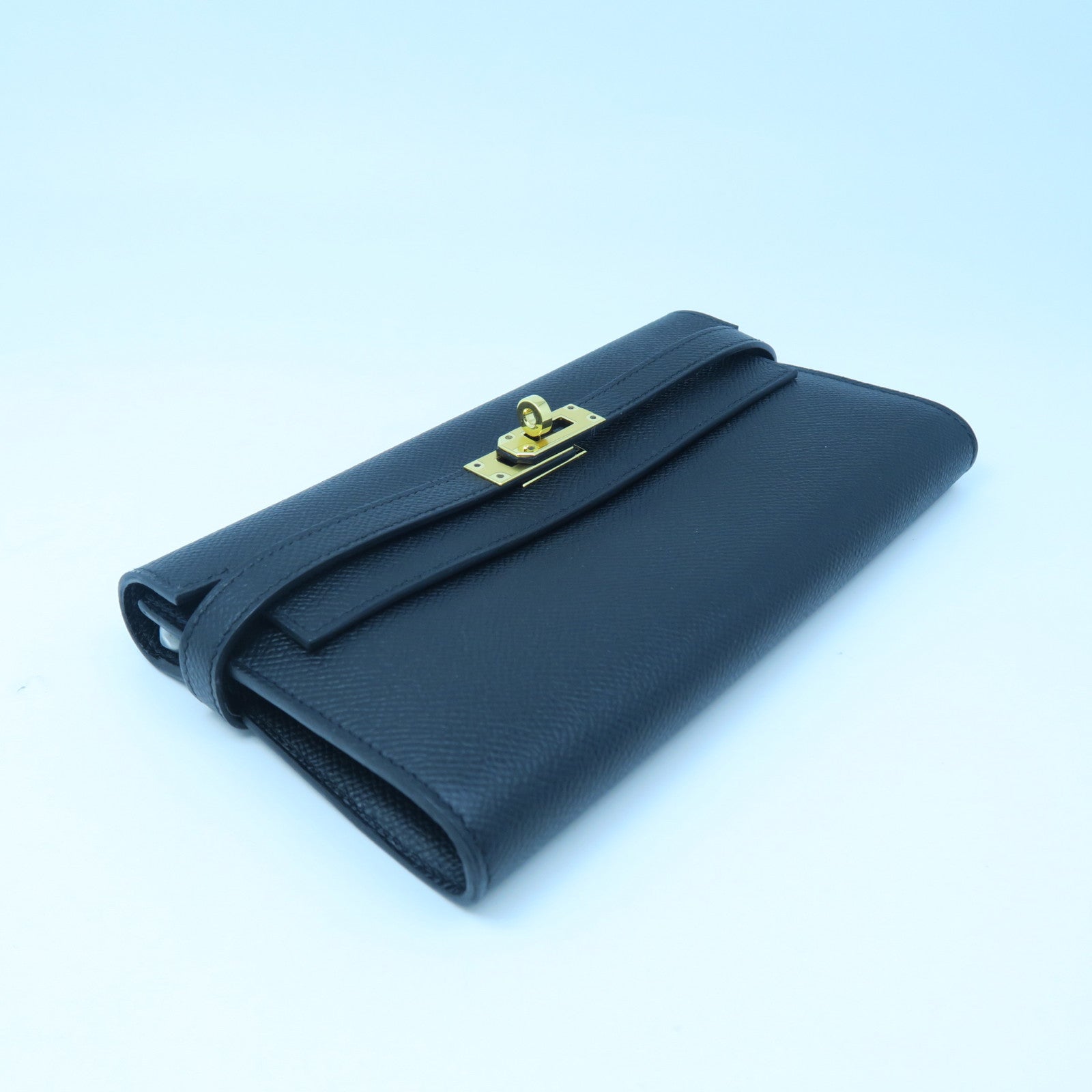 HERMES Epsom Leather Kelly Wallet Gold Buckle Long Wallet Black