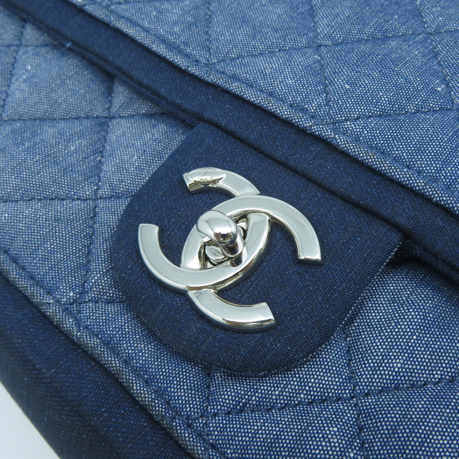CHANEL 菱格牛仔布Chain Shoulder Bag銀扣鏈帶肩背包藍色
