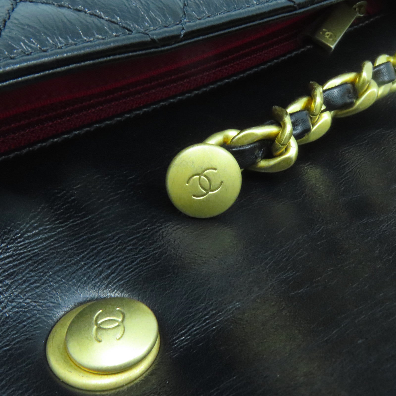 CHANEL 菱格牛皮皮革Chain Shoulder Bag金扣鏈帶肩背袋黑色