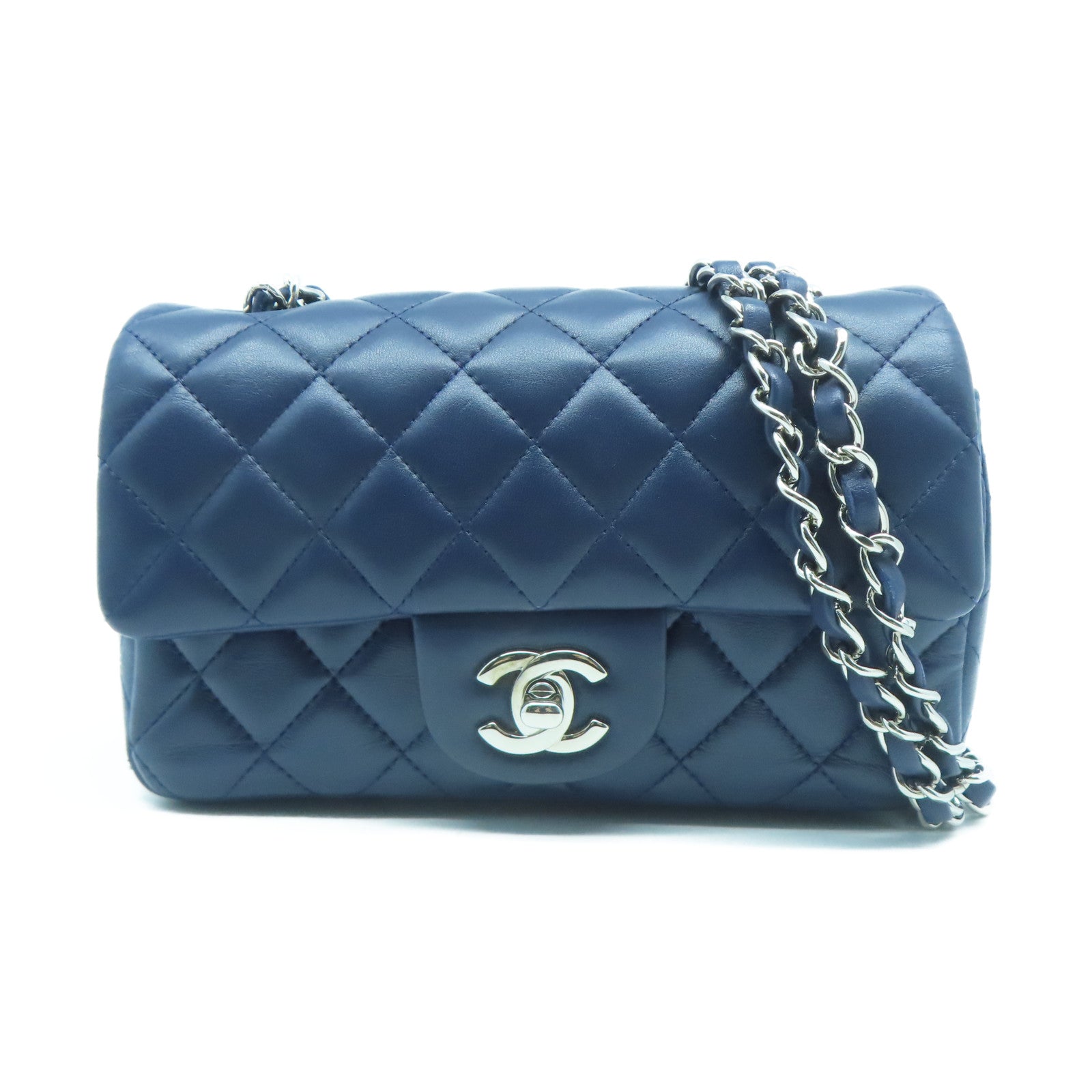 CHANEL 菱格羊皮皮革Classic 20cm銀扣鏈帶肩背袋深藍色