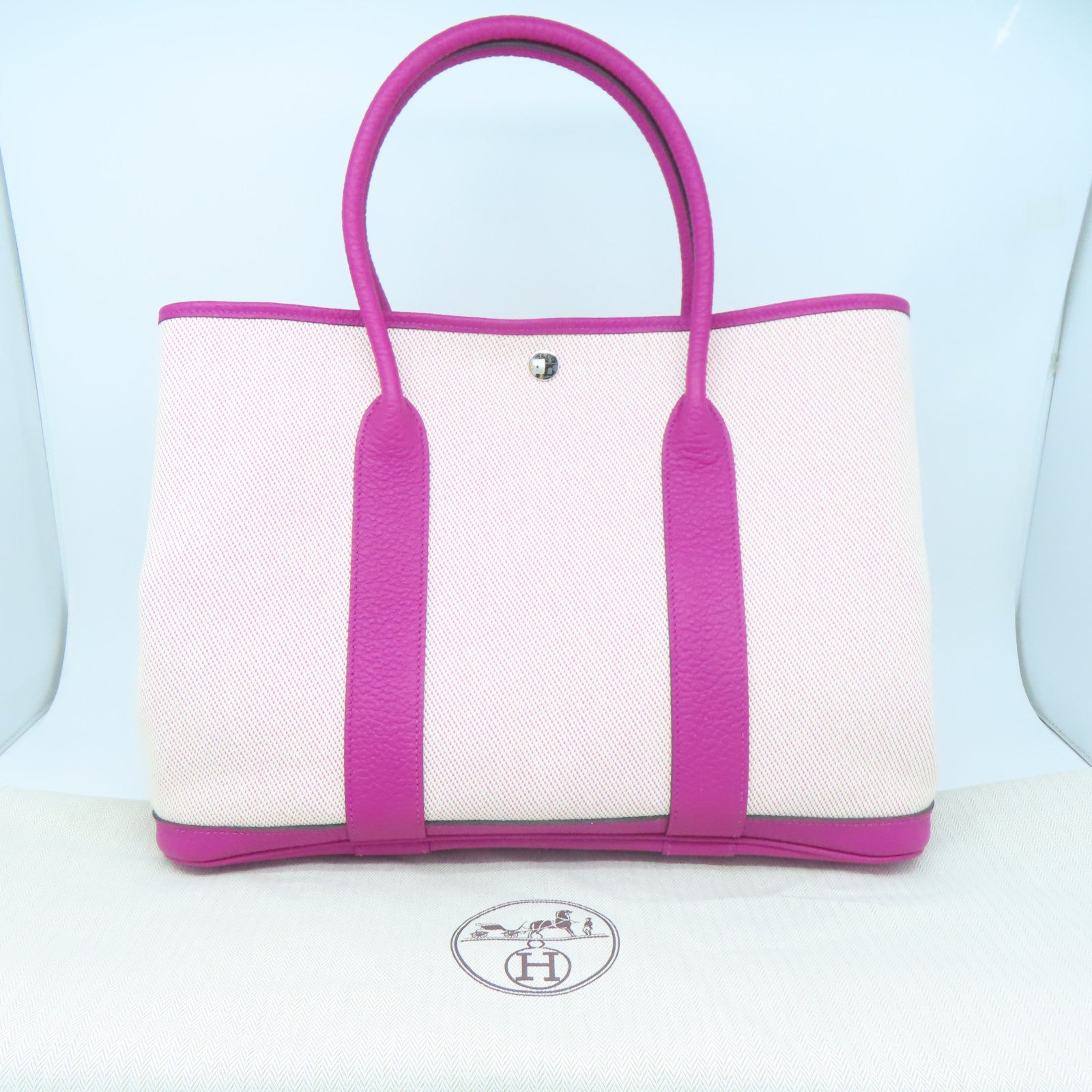 HERMES 帆布GardenParty PM銀扣手挽袋桃紫色