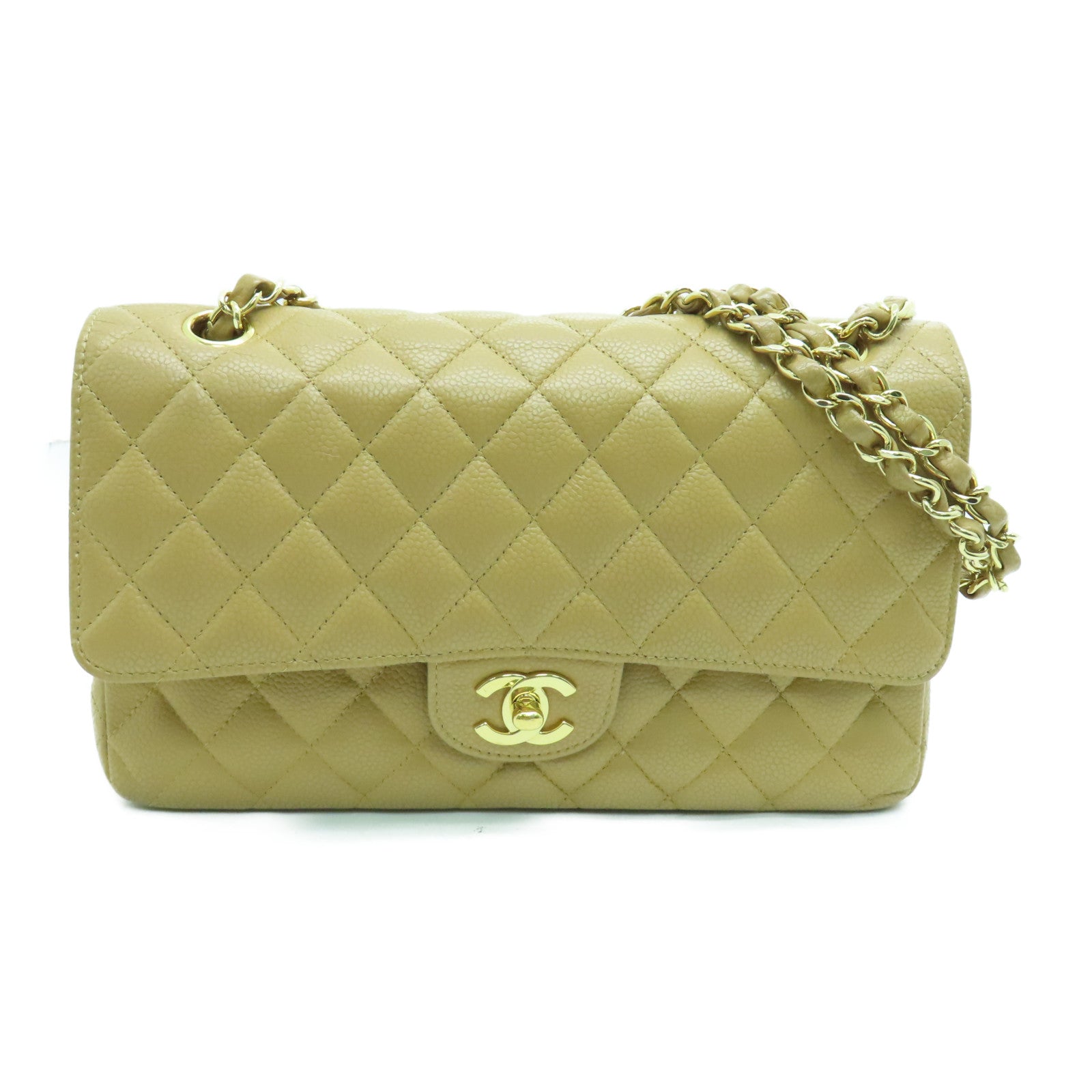 CHANEL 菱格Caviar皮革Chain Shoulder Bag金扣链带肩背袋米色