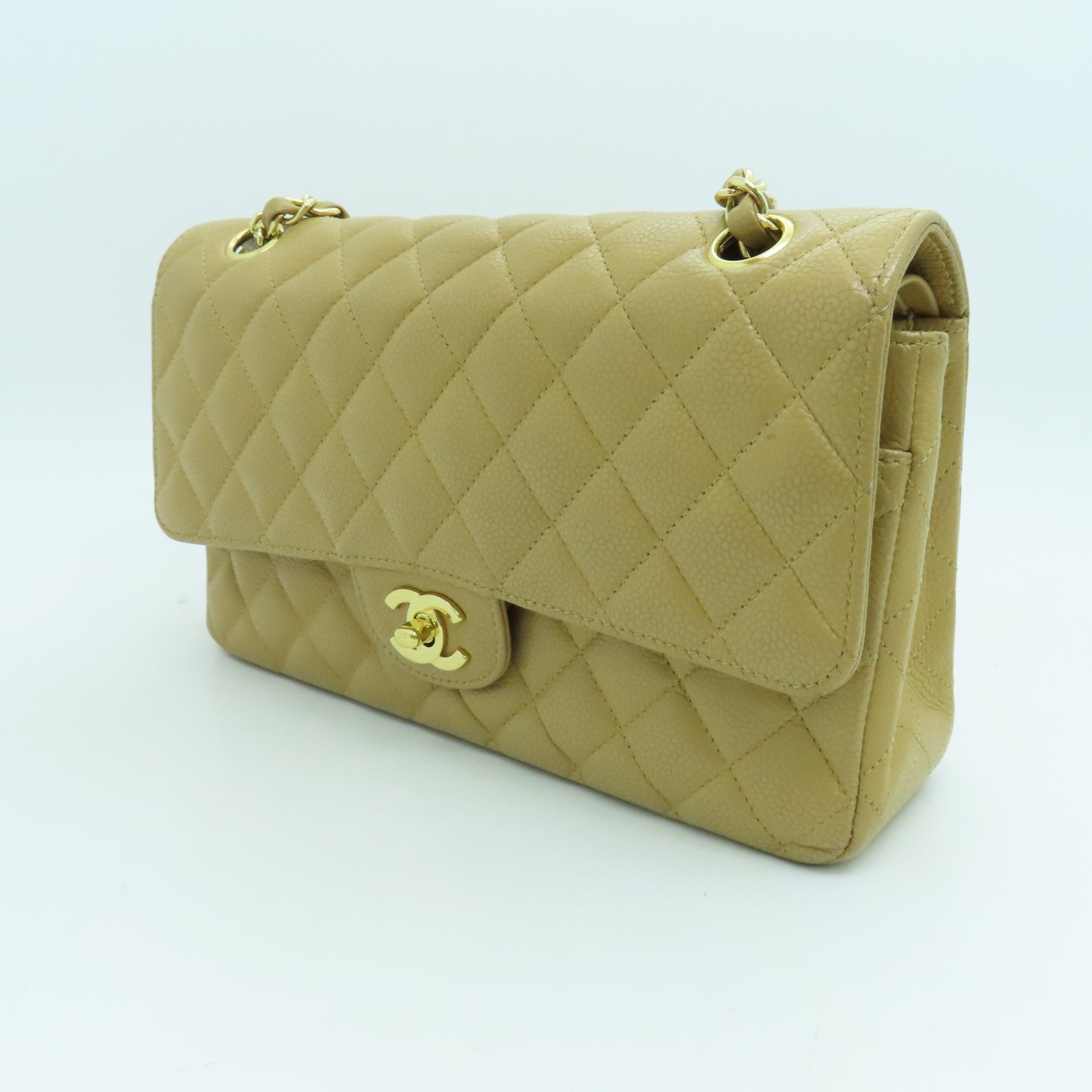 CHANEL 菱格Caviar皮革Chain Shoulder Bag金扣链带肩背袋米色