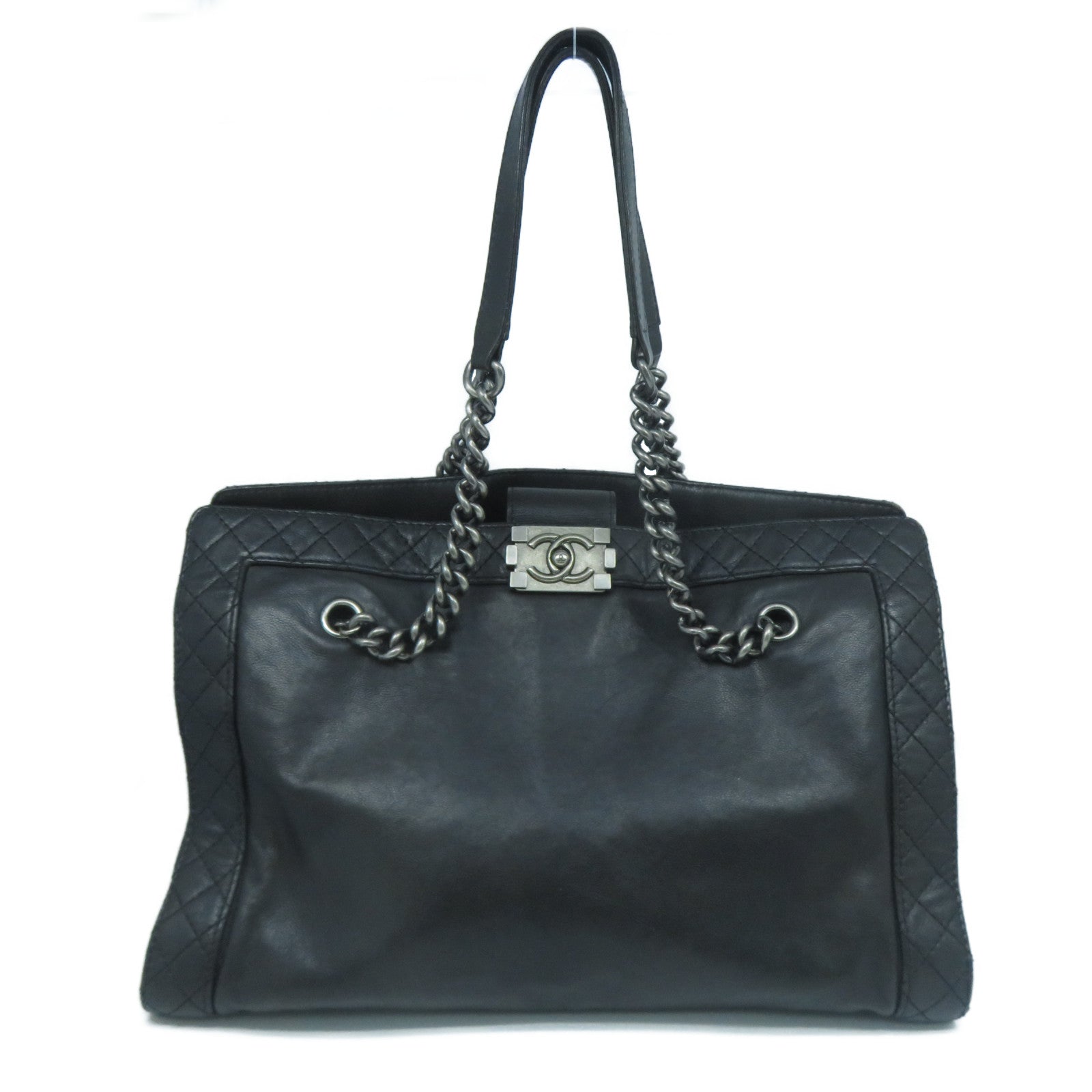 CHANEL 牛皮皮革Boy Chain Shoulder Bag銀扣鏈帶肩背袋黑色