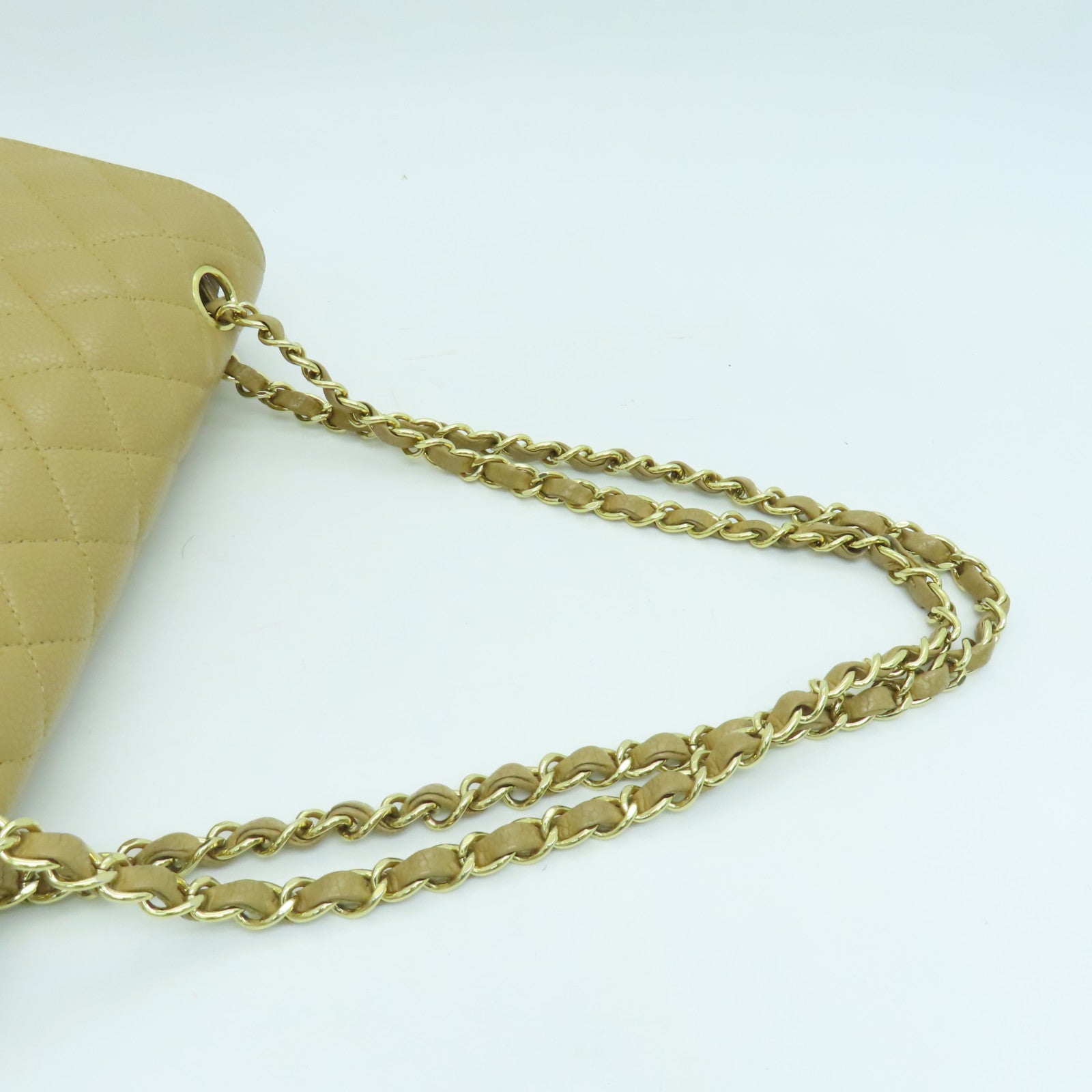 CHANEL 菱格Caviar皮革Chain Shoulder Bag金扣链带肩背袋米色
