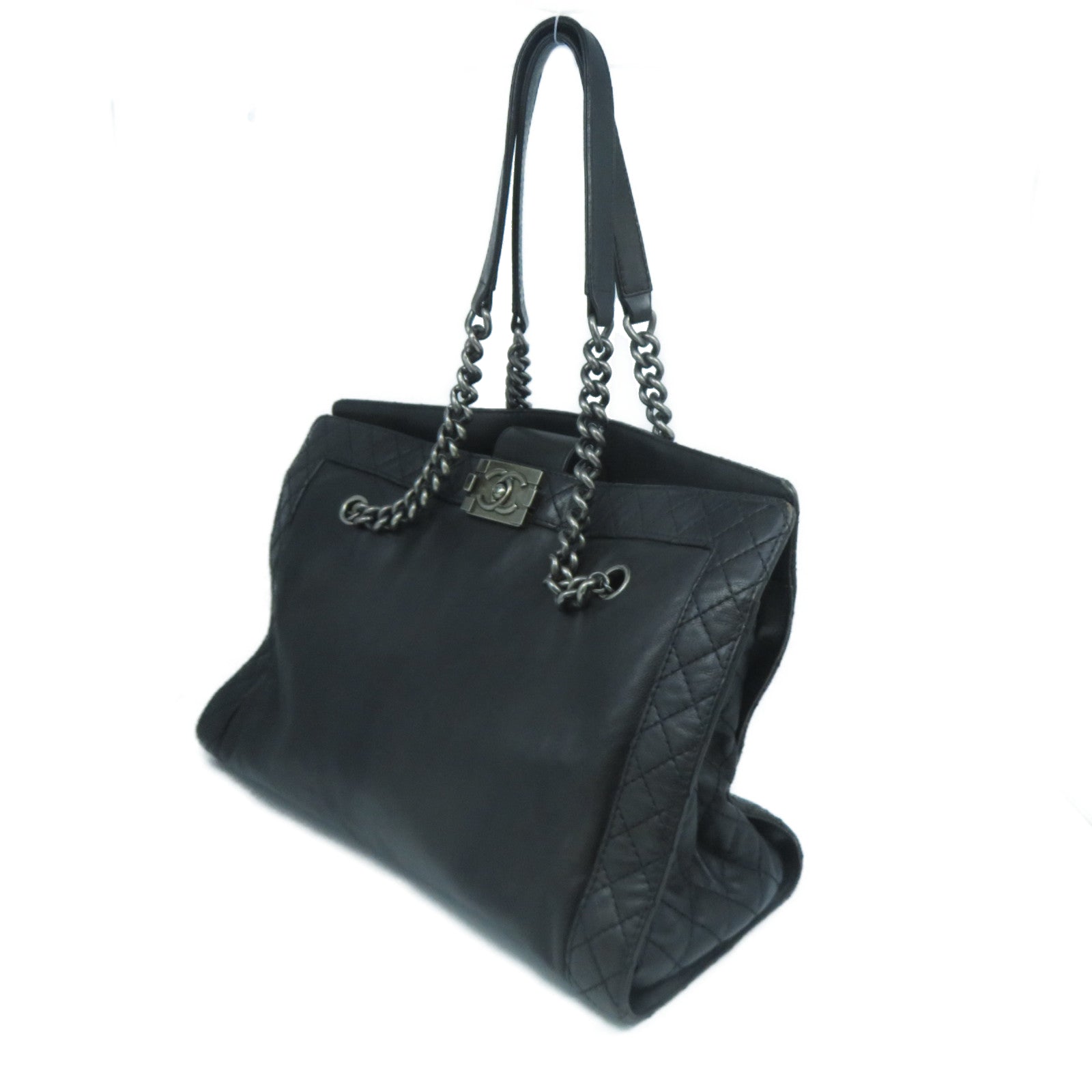 CHANEL 牛皮皮革Boy Chain Shoulder Bag銀扣鏈帶肩背袋黑色