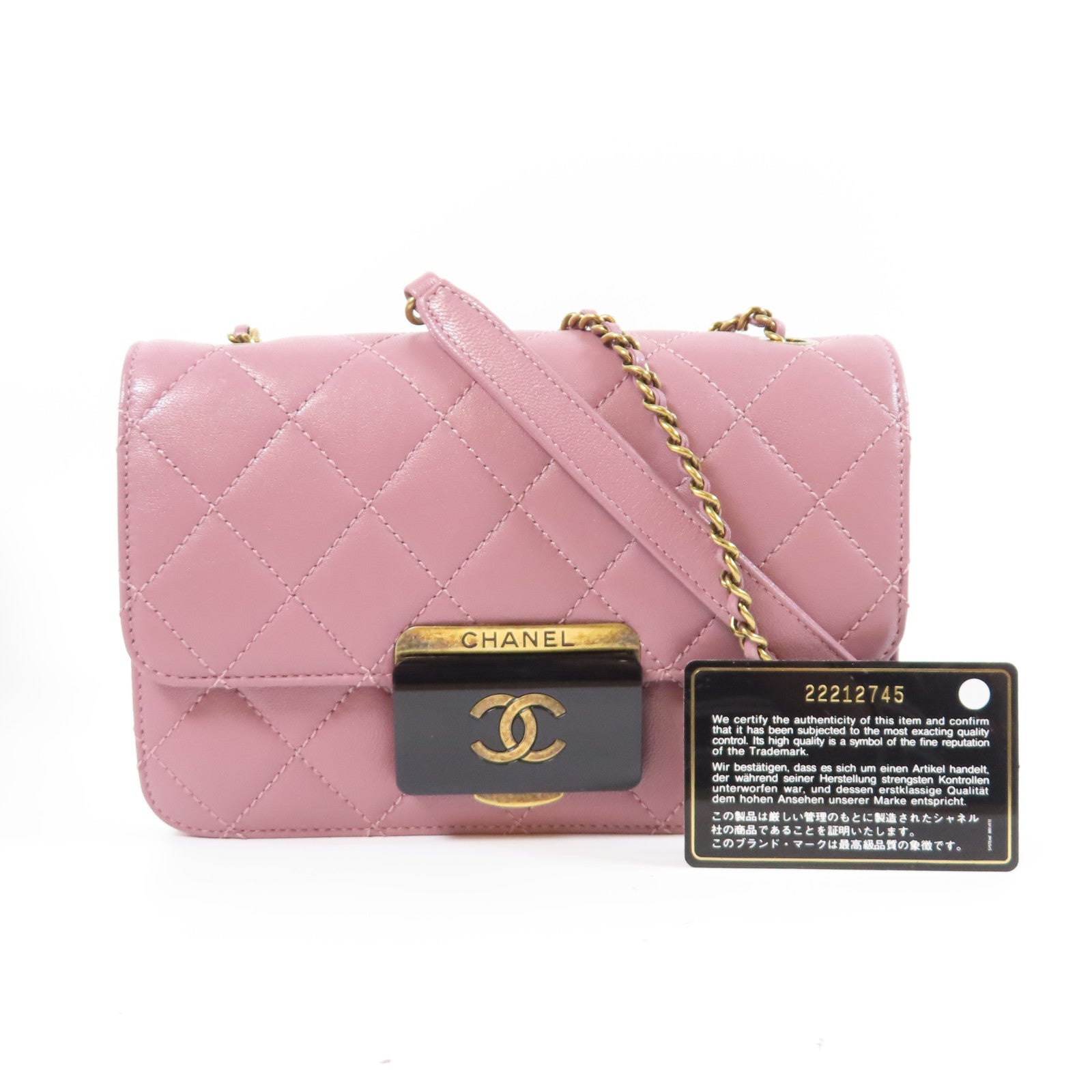 CHANEL 菱格牛皮皮革Chain Shoulder Bag金扣鏈帶肩背袋粉紅色