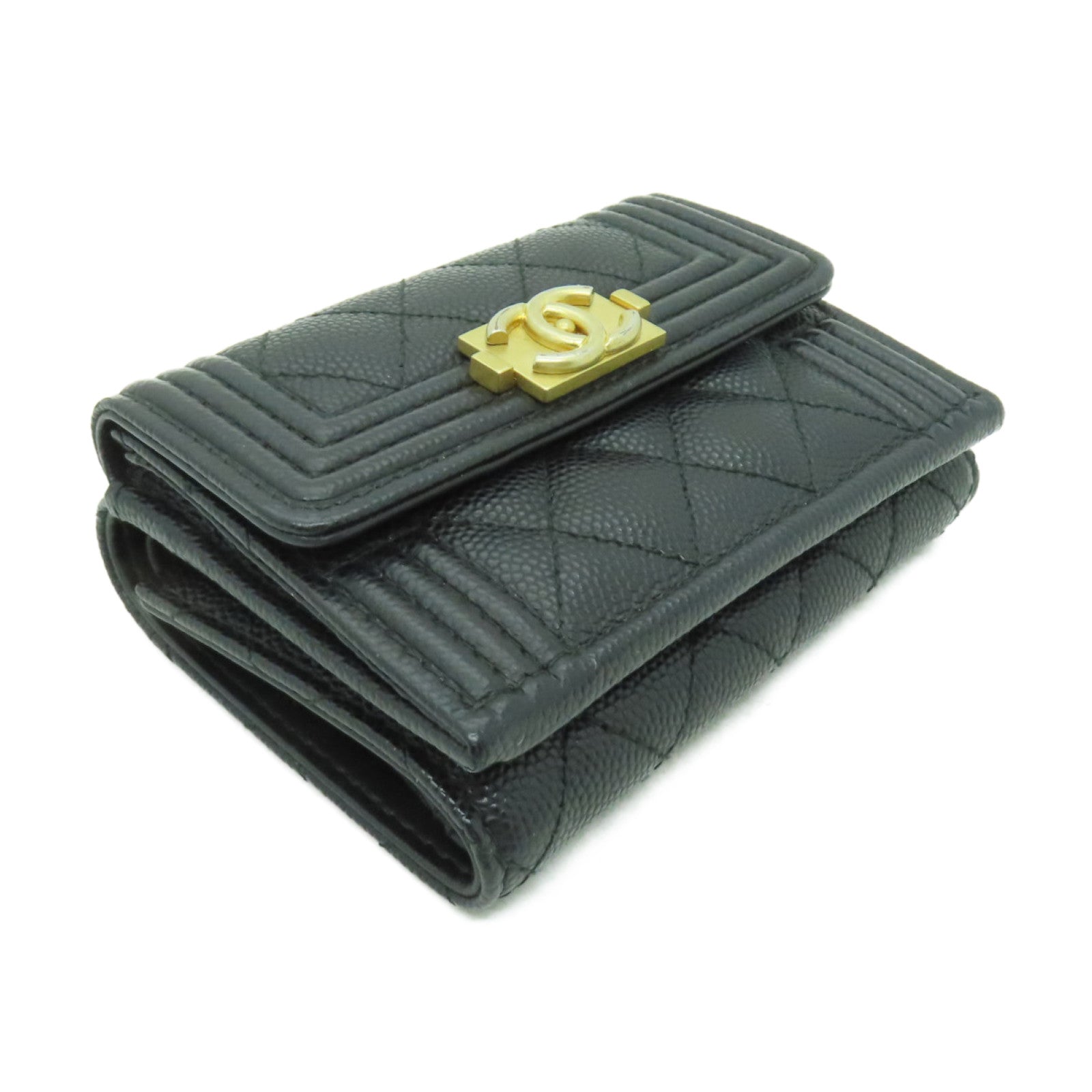 CHANEL 菱格Caviar皮革Boy Chanel Wallet金扣錢包黒色