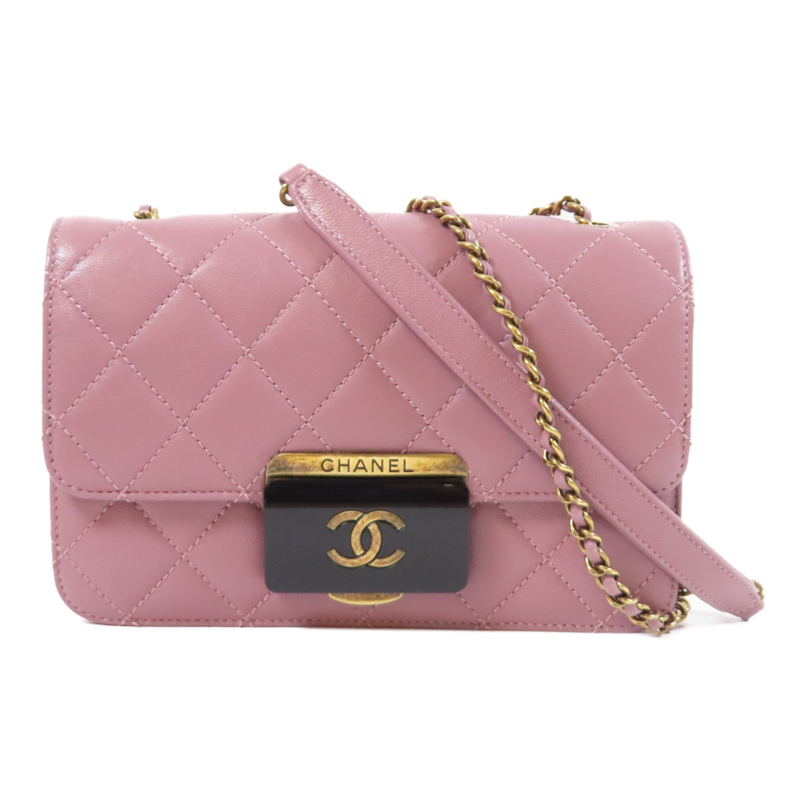 CHANEL 菱格牛皮皮革Chain Shoulder Bag金扣鏈帶肩背袋粉紅色