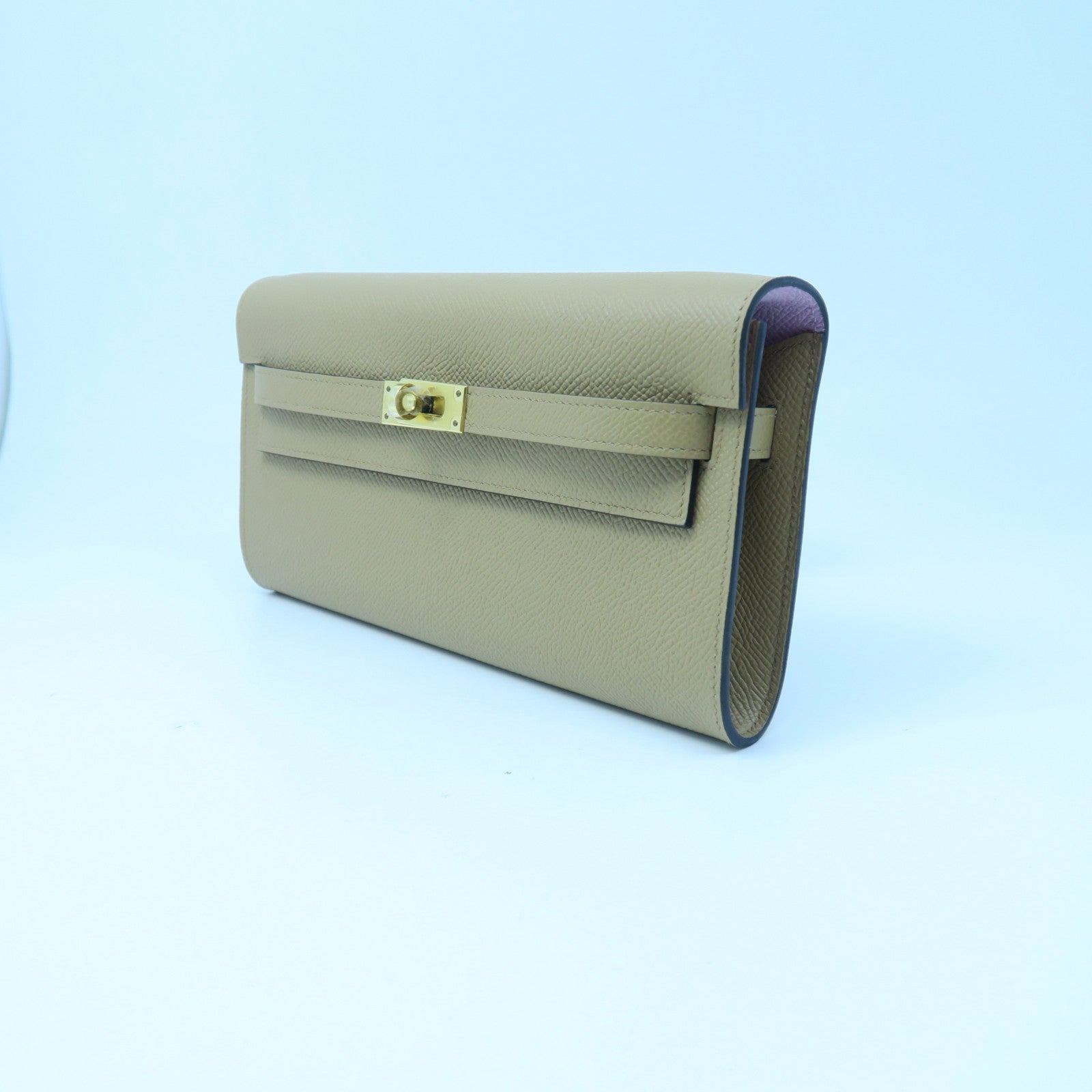 HERMES Epsom Leather Kelly To Go Gold Buckle Long Wallet Milk Tea/Mallow Purple
