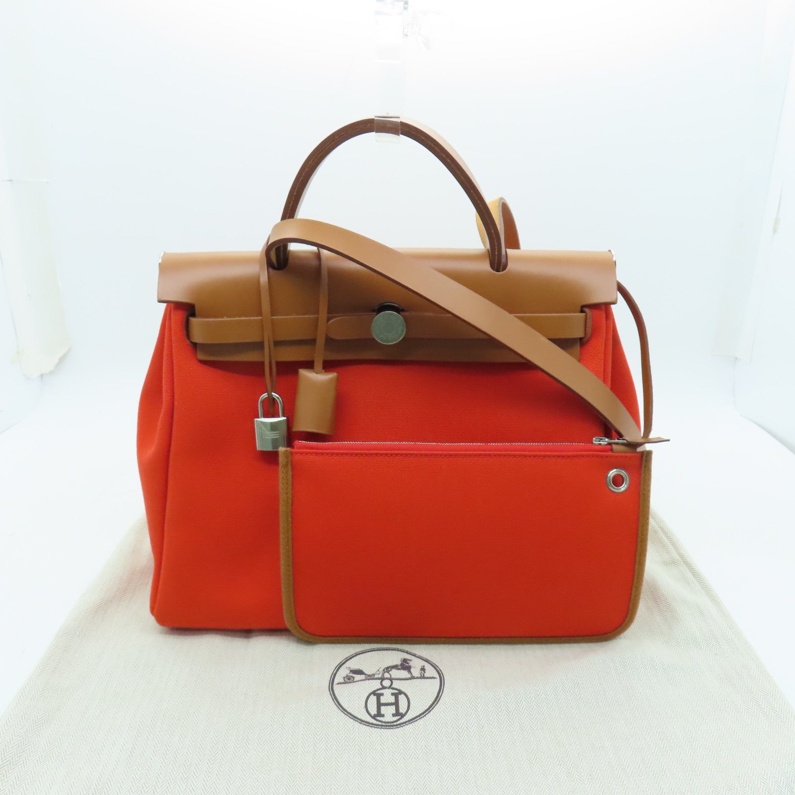 HERMES 【激減優惠】帆布Herbag PM銀扣手挽肩背兩用袋Mecano橙色