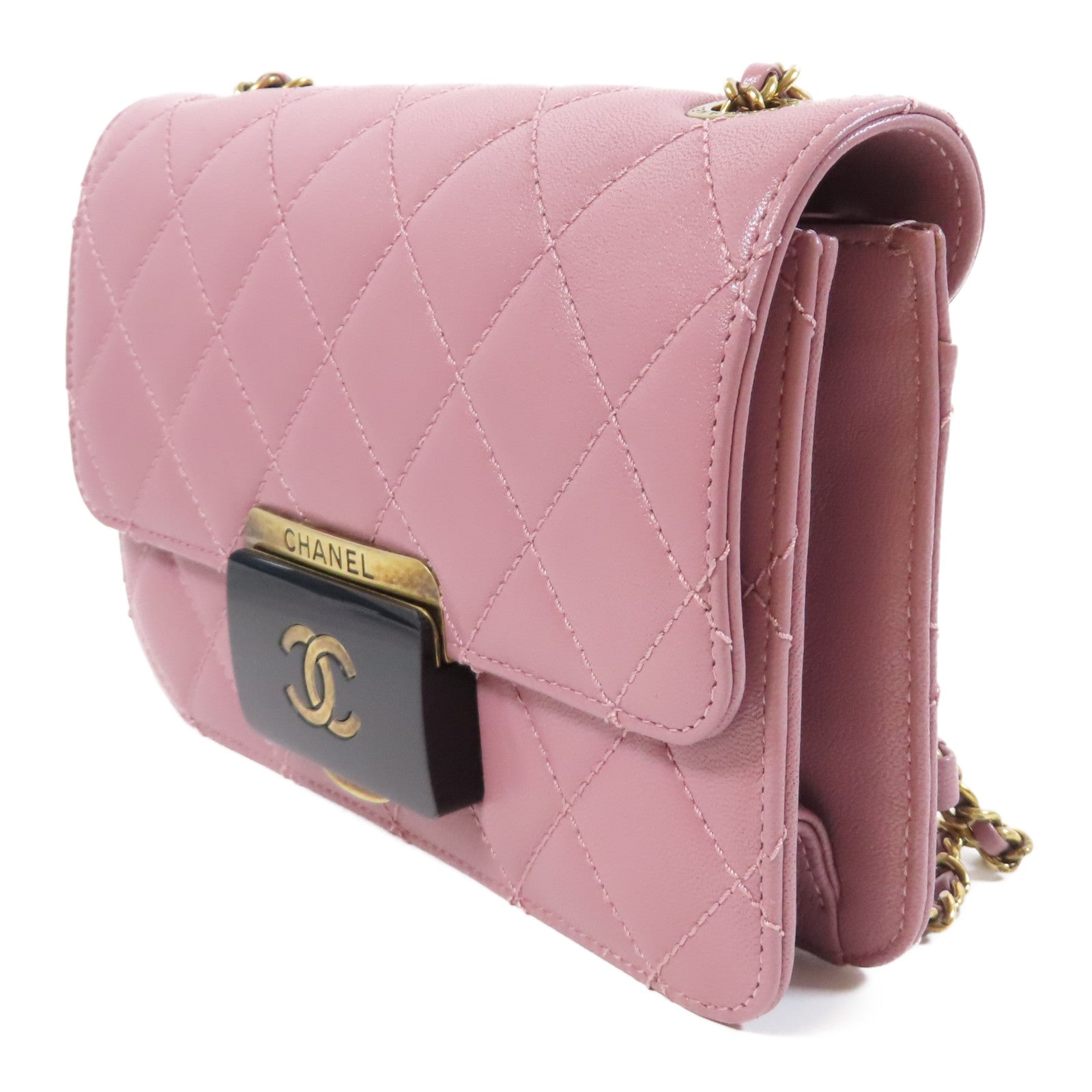 CHANEL 菱格牛皮皮革Chain Shoulder Bag金扣鏈帶肩背袋粉紅色