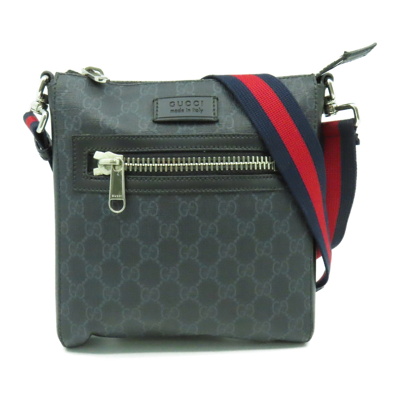 GUCCI 塗層帆布/牛皮皮革GG Supreme Messenger Bag銀扣肩背袋黑色