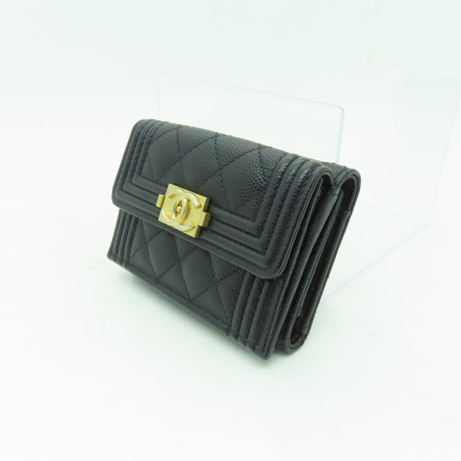 CHANEL 菱格Caviar皮革Boy Chanel Wallet金扣錢包黒色