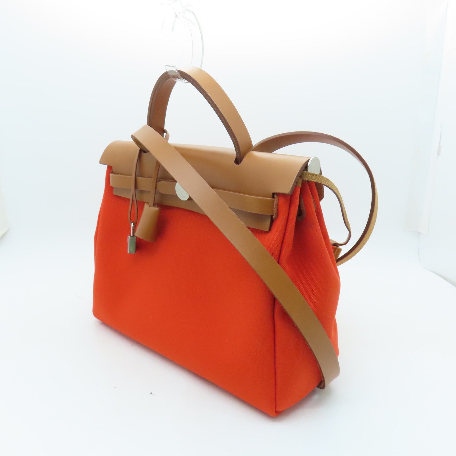 HERMES 【激減優惠】帆布Herbag PM銀扣手挽肩背兩用袋Mecano橙色
