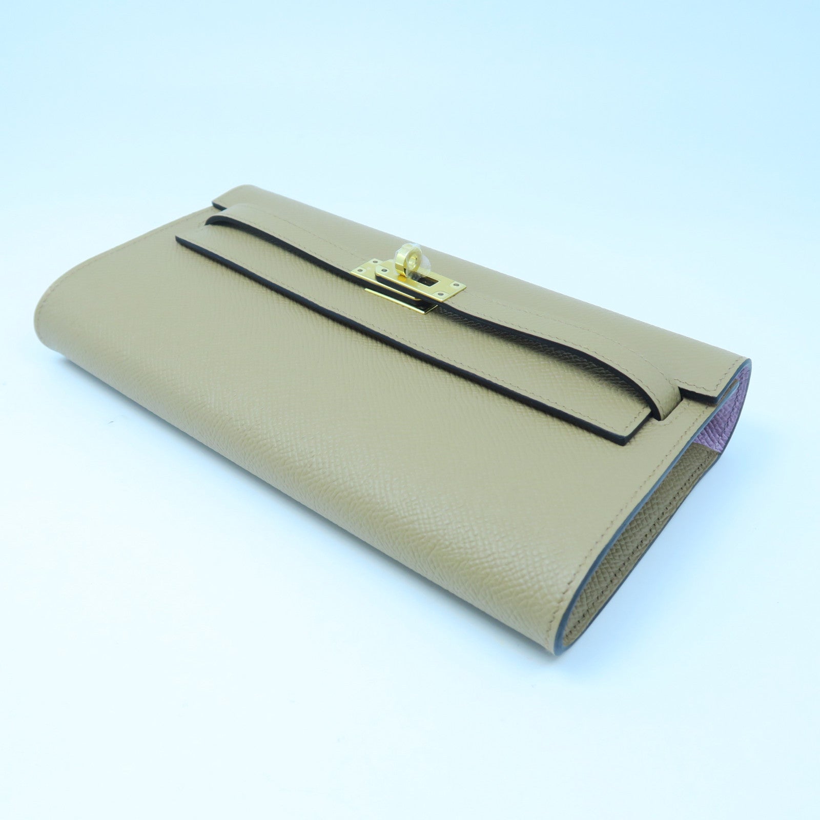 HERMES Epsom Leather Kelly To Go Gold Buckle Long Wallet Milk Tea/Mallow Purple