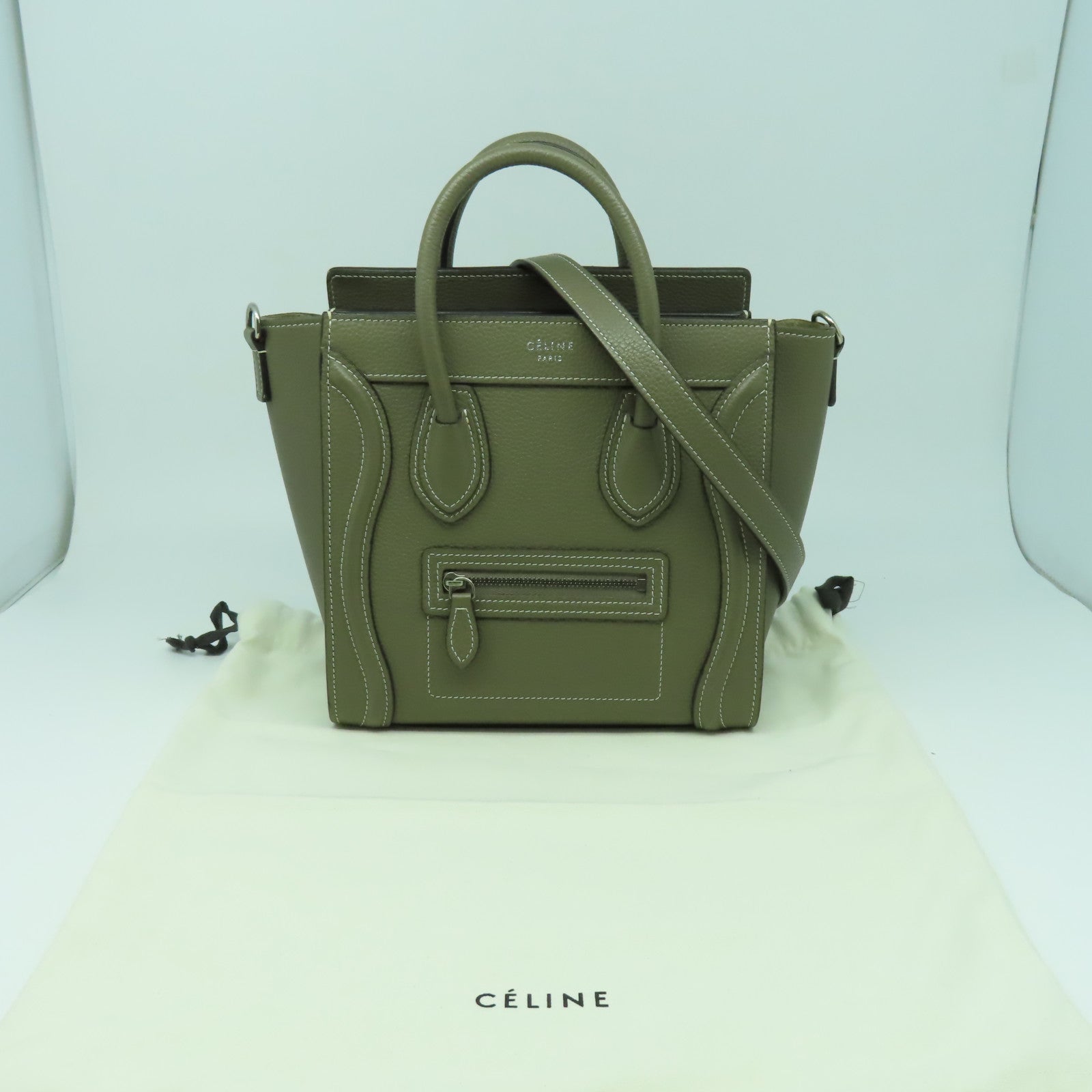 CELINE 牛皮皮革Nano Luggage銀扣手挽肩背兩用袋灰色