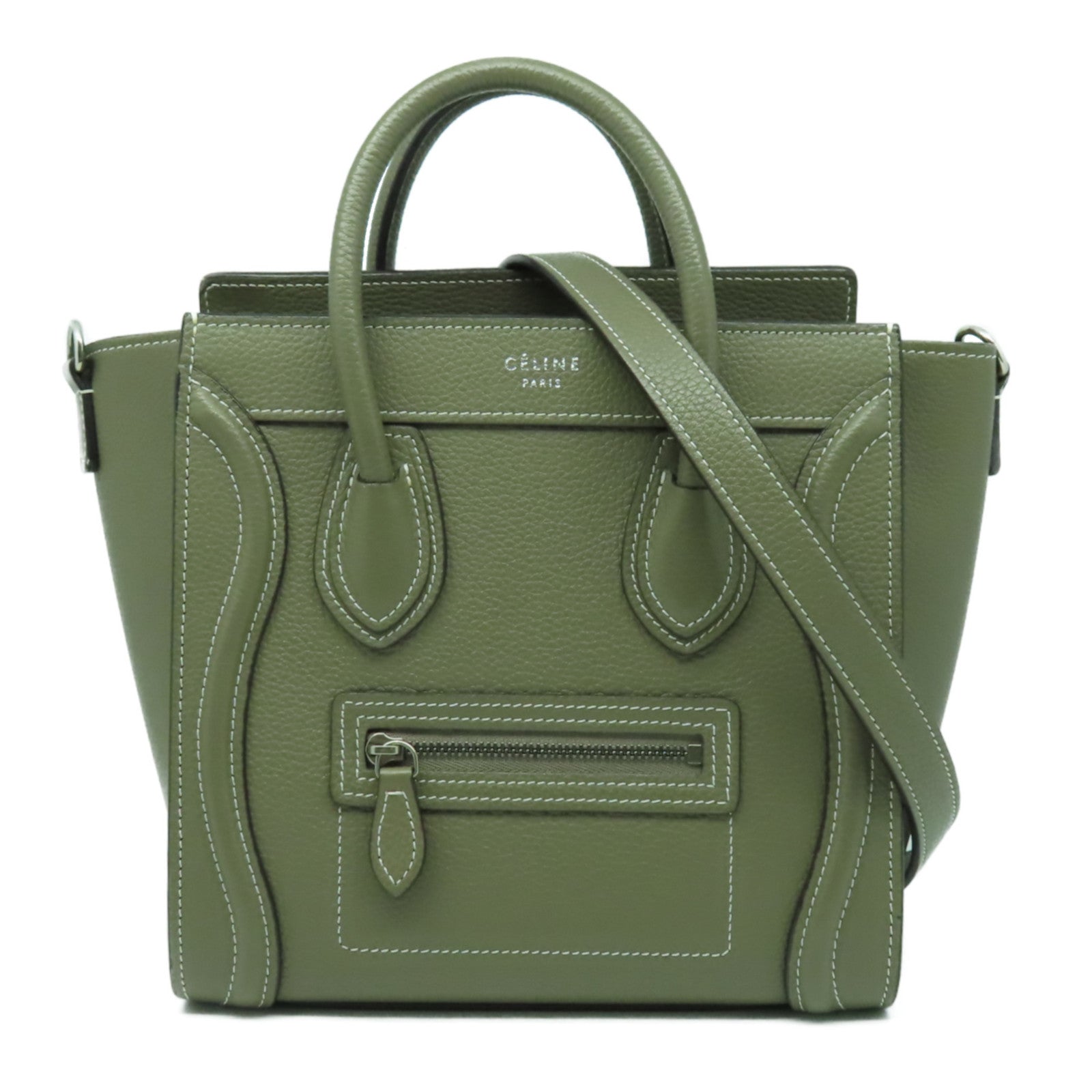 CELINE 牛皮皮革Nano Luggage銀扣手挽肩背兩用袋灰色