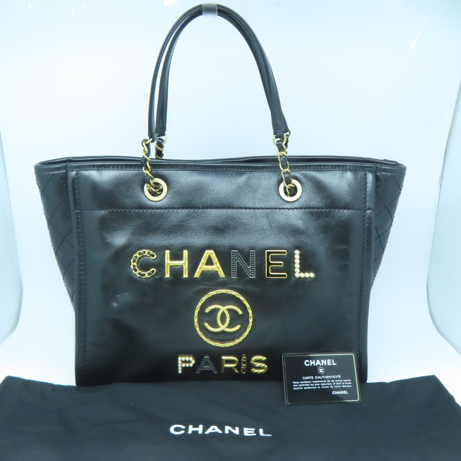 CHANEL 牛皮皮革Handbag金扣鏈帶肩背袋黑色