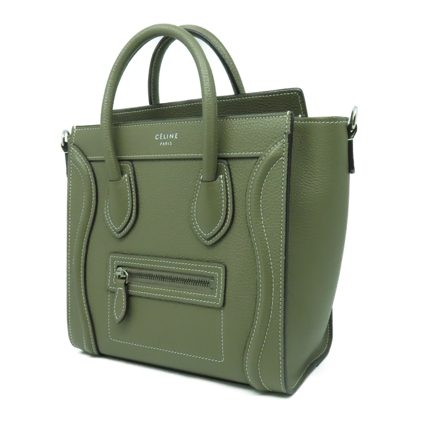 CELINE 牛皮皮革Nano Luggage銀扣手挽肩背兩用袋灰色