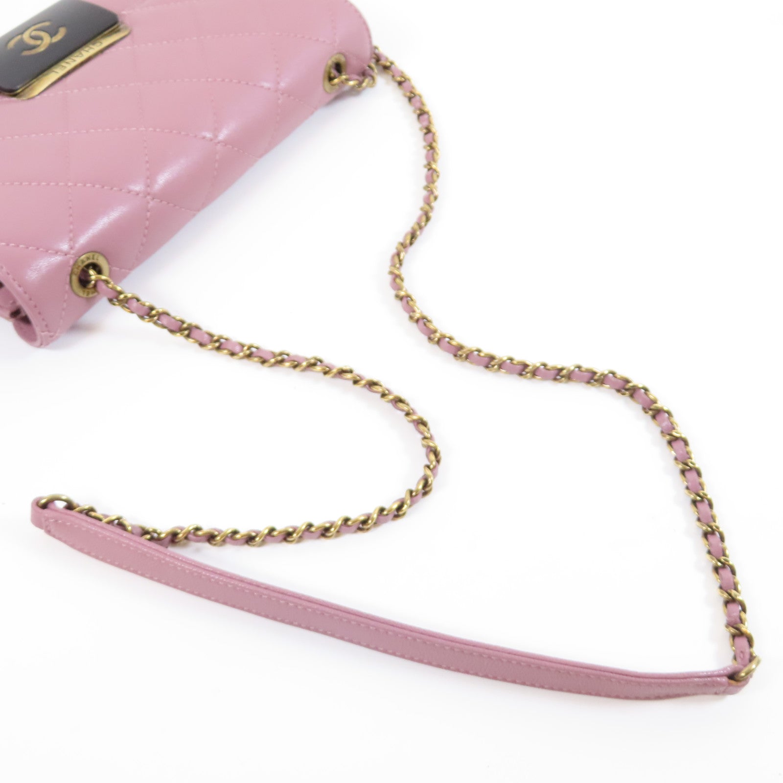CHANEL 菱格牛皮皮革Chain Shoulder Bag金扣鏈帶肩背袋粉紅色