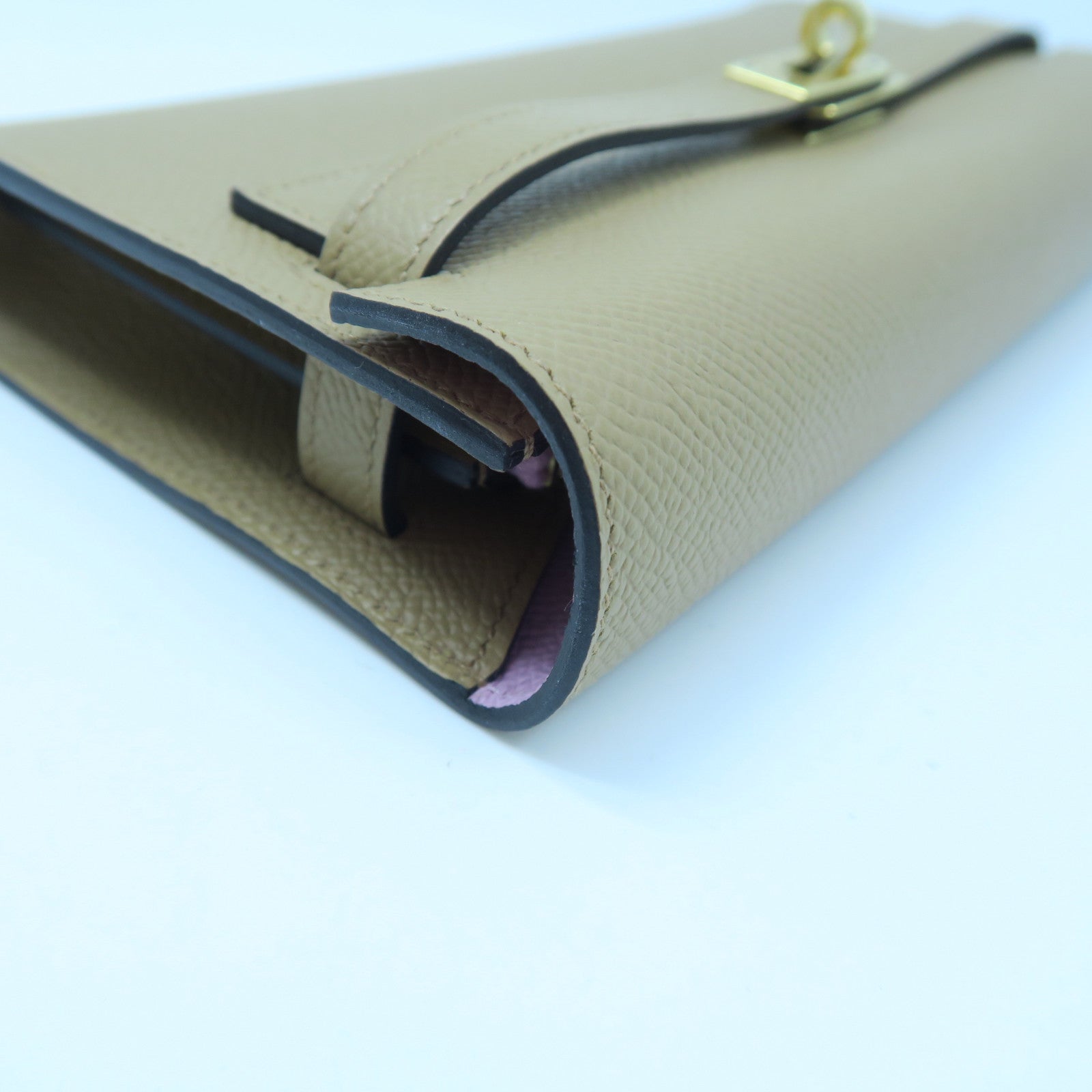 HERMES Epsom Leather Kelly To Go Gold Buckle Long Wallet Milk Tea/Mallow Purple