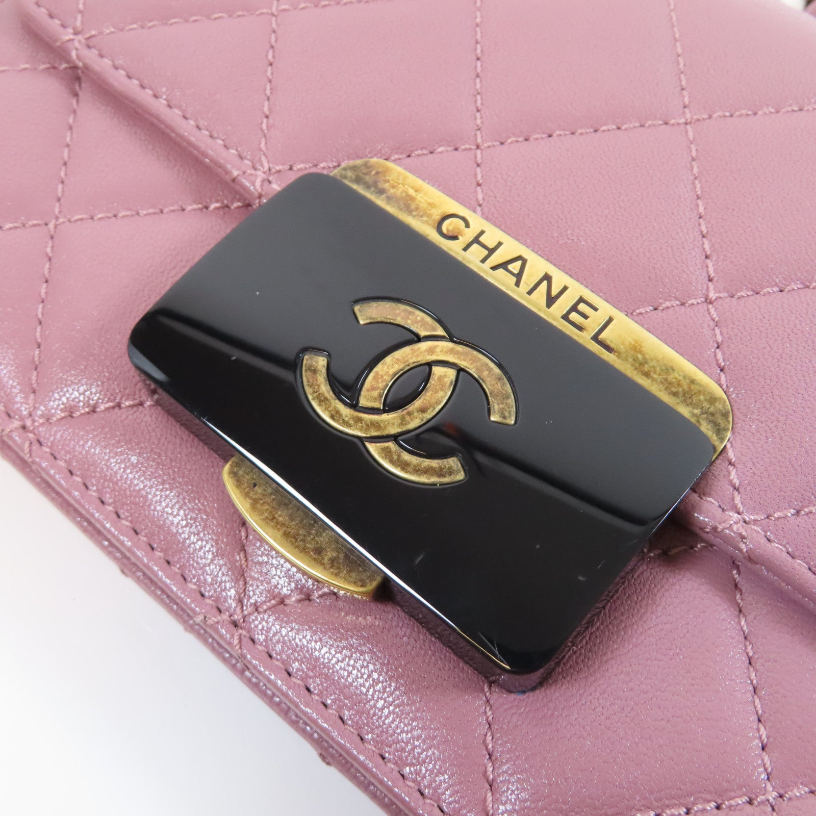CHANEL 菱格牛皮皮革Chain Shoulder Bag金扣鏈帶肩背袋粉紅色