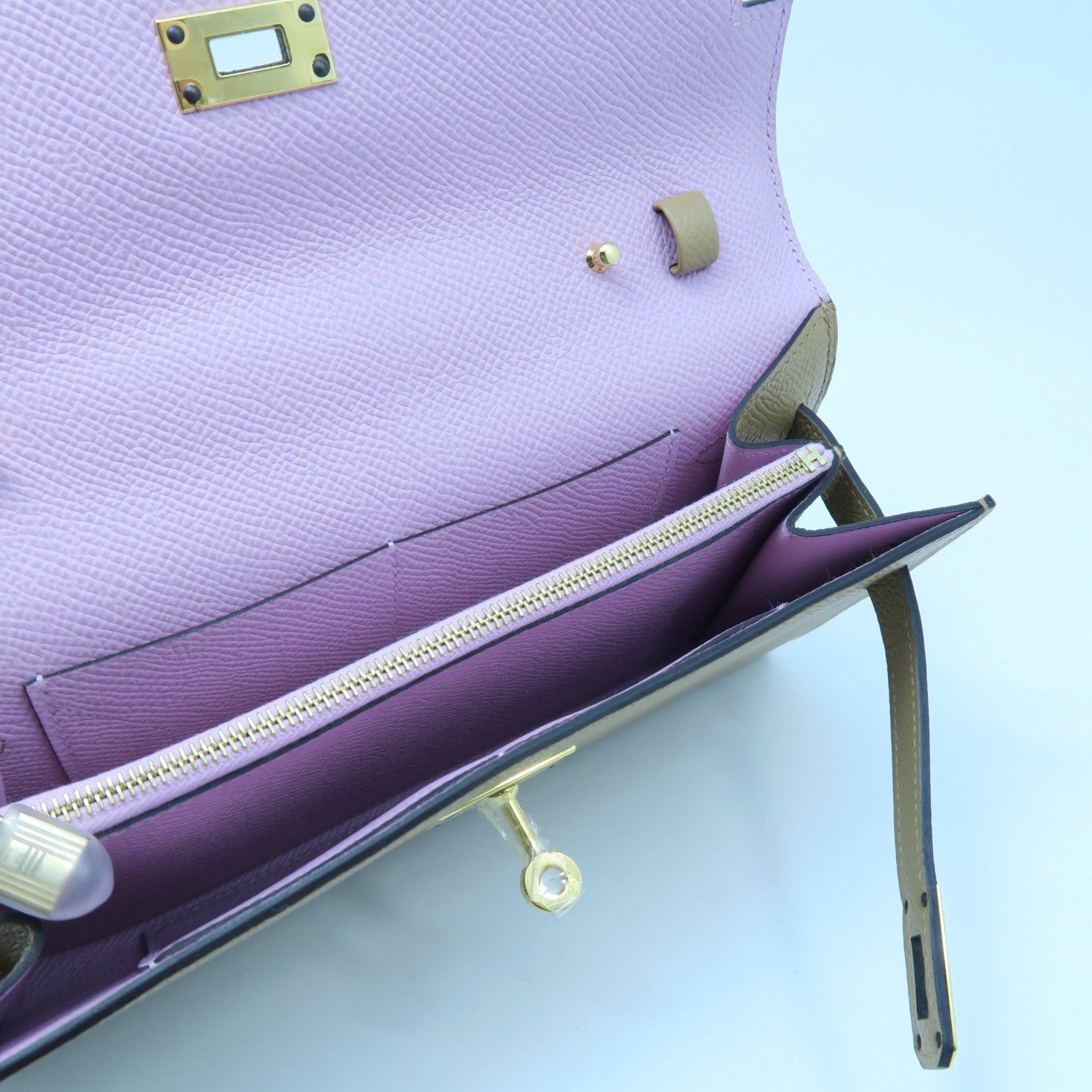 HERMES Epsom Leather Kelly To Go Gold Buckle Long Wallet Milk Tea/Mallow Purple