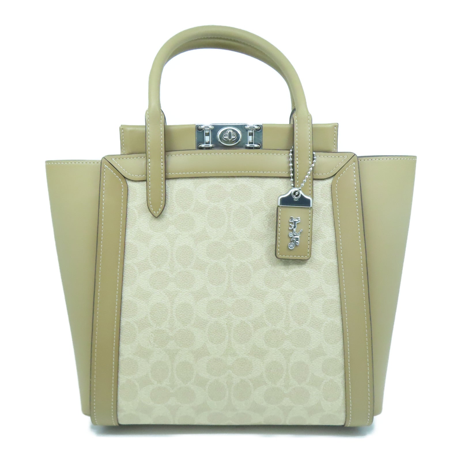 COACH 【激減優惠】塗層帆布Handbag銀扣手挽袋米色