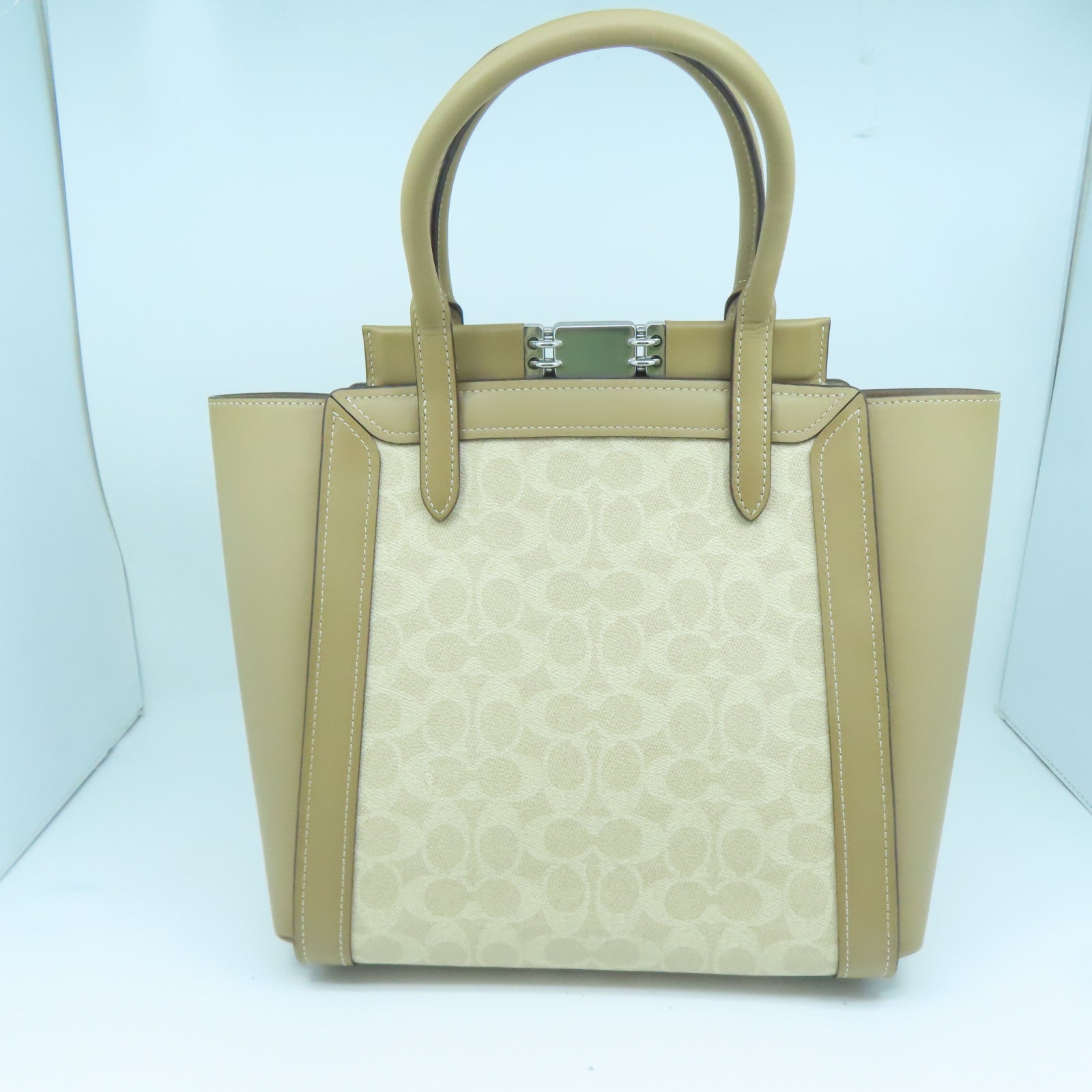 COACH 【激減優惠】塗層帆布Handbag銀扣手挽袋米色