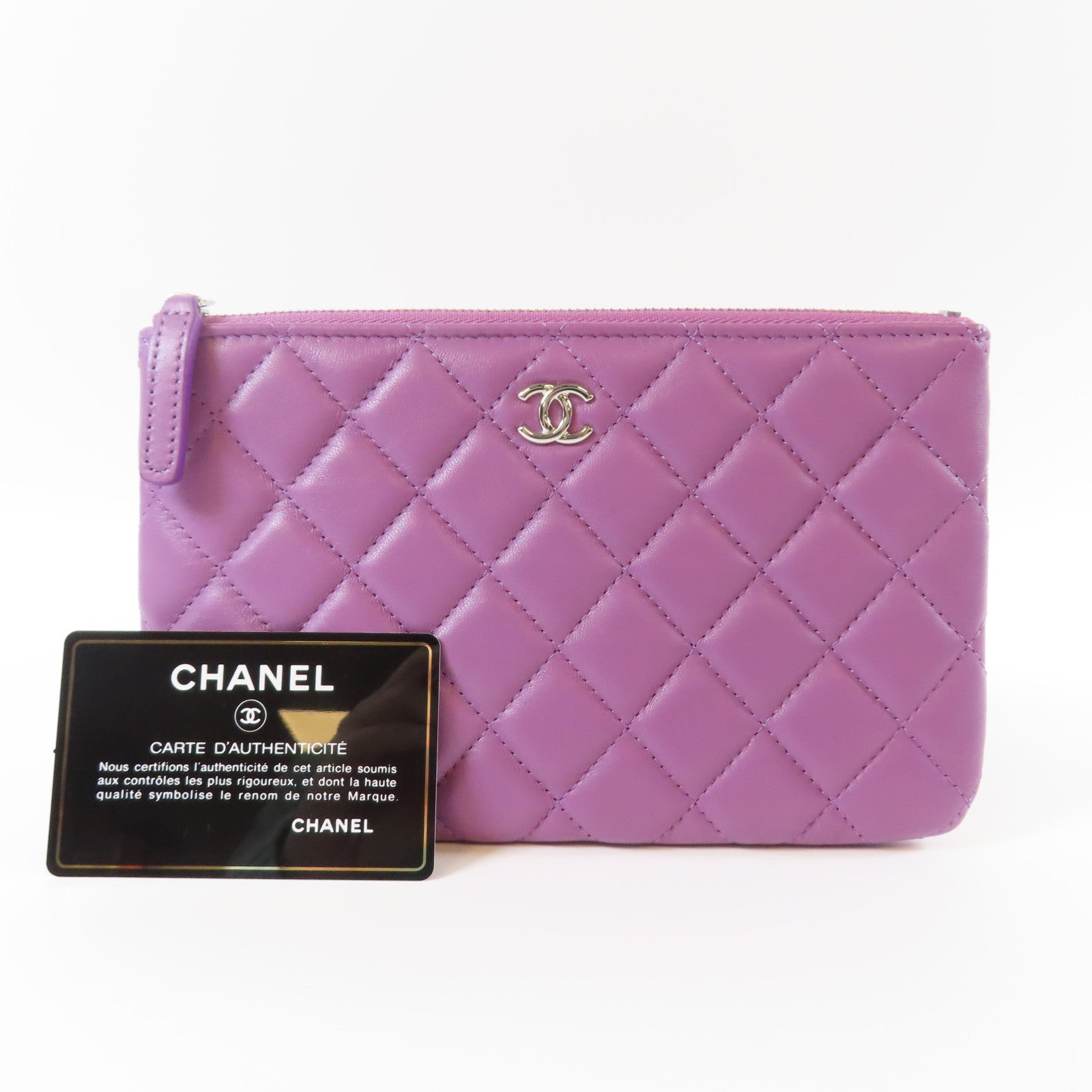 CHANEL 菱格羊皮皮革Pouch銀扣小袋紫色