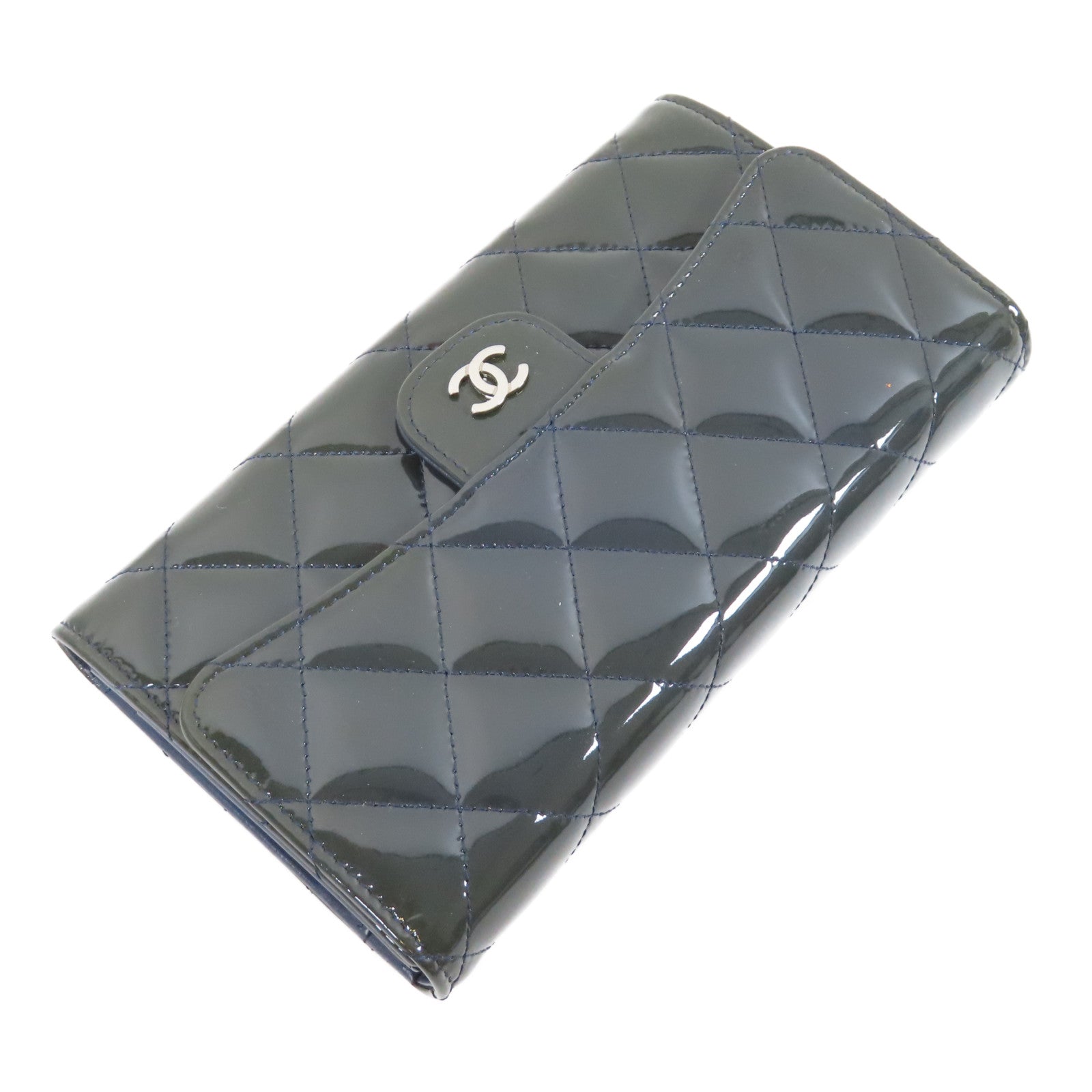 CHANEL 菱格漆皮皮革Long Wallet銀扣長錢包深藍色