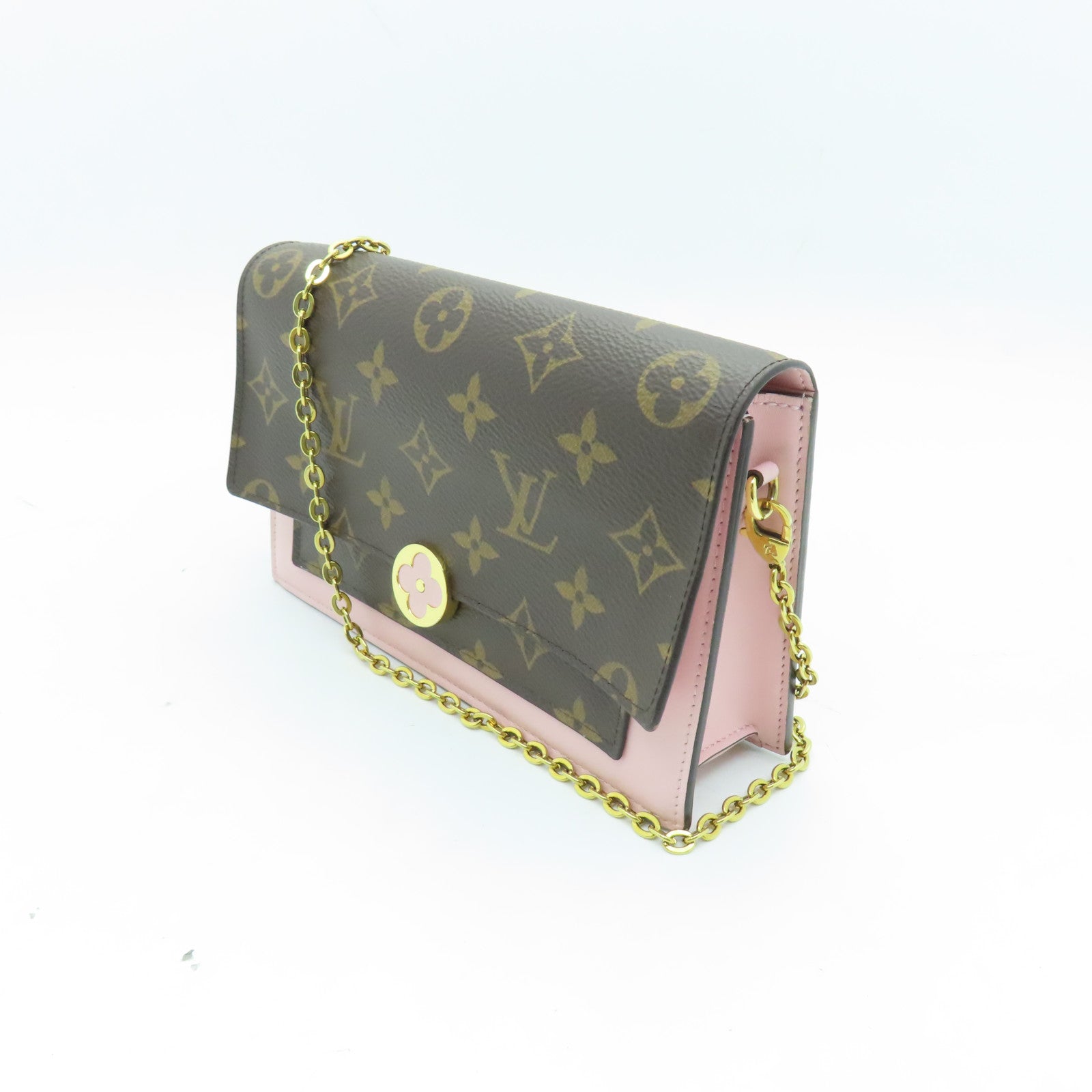 LOUIS VUITTON Monogram Flore Chain Wallet金扣鏈帶肩背袋棕色/粉紅色