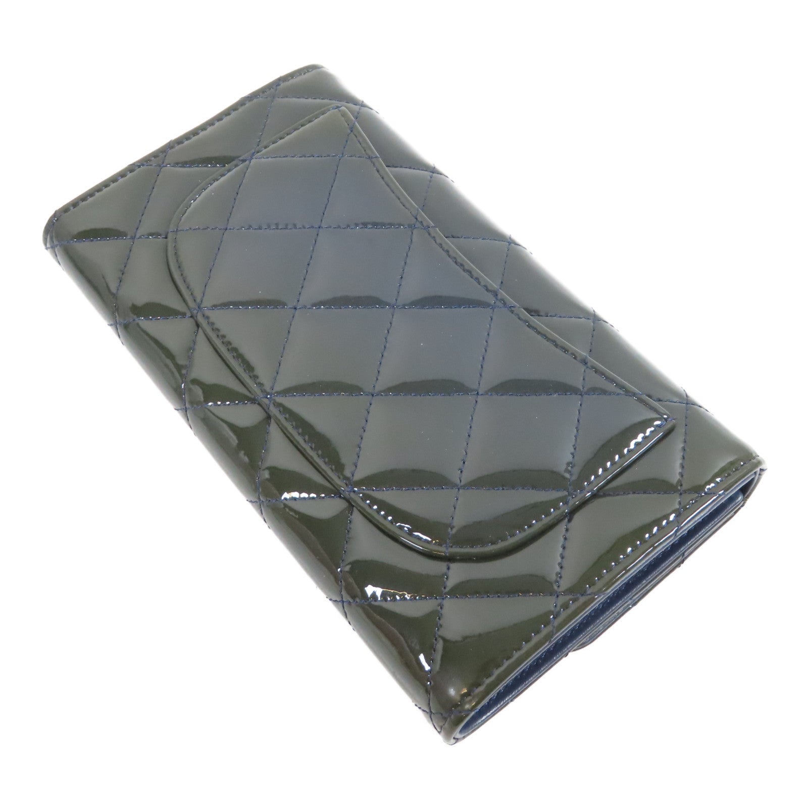 CHANEL 菱格漆皮皮革Long Wallet銀扣長錢包深藍色
