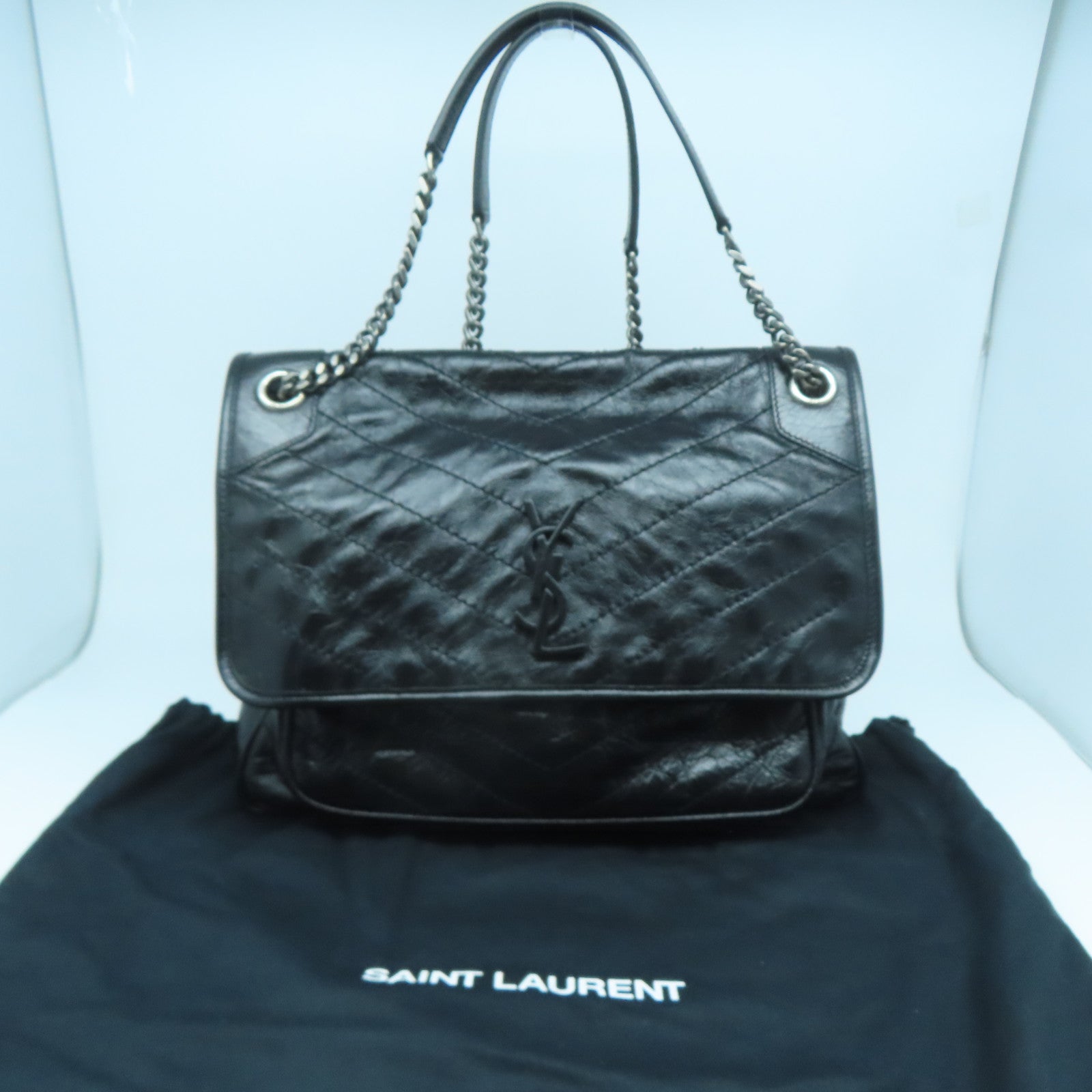 SAINT LAURENT 牛皮皮革Niki銀扣鏈帶肩背袋黑色