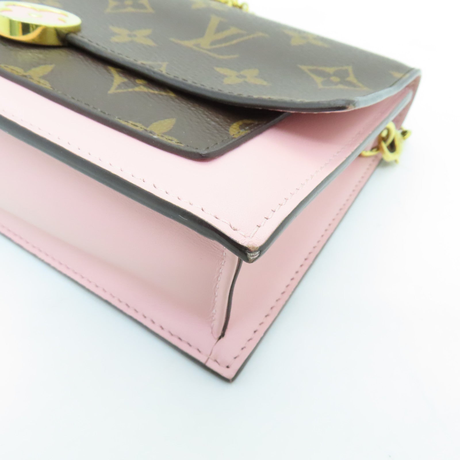LOUIS VUITTON Monogram Flore Chain Wallet金扣鏈帶肩背袋棕色/粉紅色