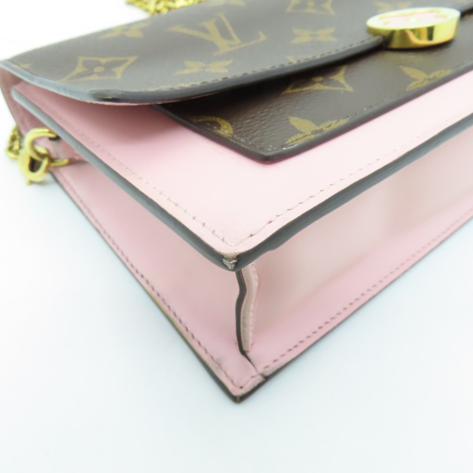 LOUIS VUITTON Monogram Flore Chain Wallet金扣鏈帶肩背袋棕色/粉紅色