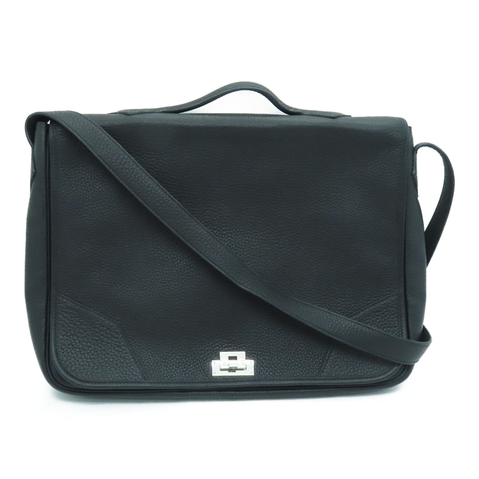 HERMES Clemence Leather Victoria Shoulder Silver Buckle Handle Shoulder Bag Black