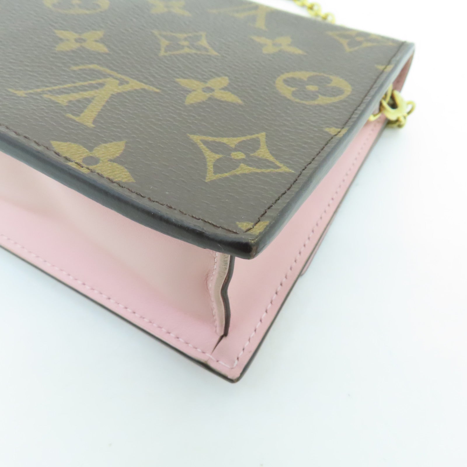 LOUIS VUITTON Monogram Flore Chain Wallet金扣鏈帶肩背袋棕色/粉紅色