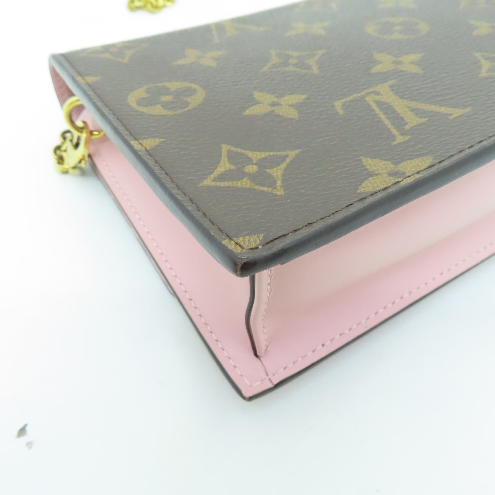 LOUIS VUITTON Monogram Flore Chain Wallet金扣鏈帶肩背袋棕色/粉紅色