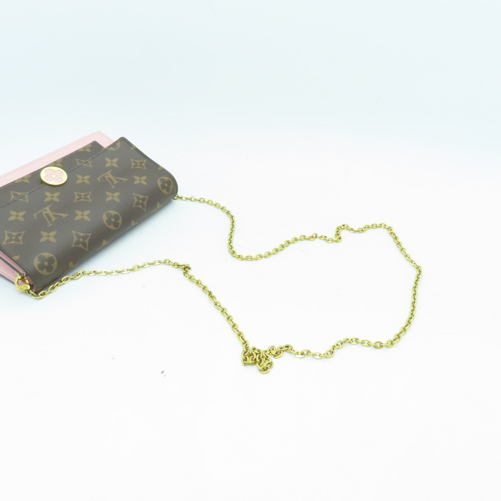 LOUIS VUITTON Monogram Flore Chain Wallet金扣鏈帶肩背袋棕色/粉紅色
