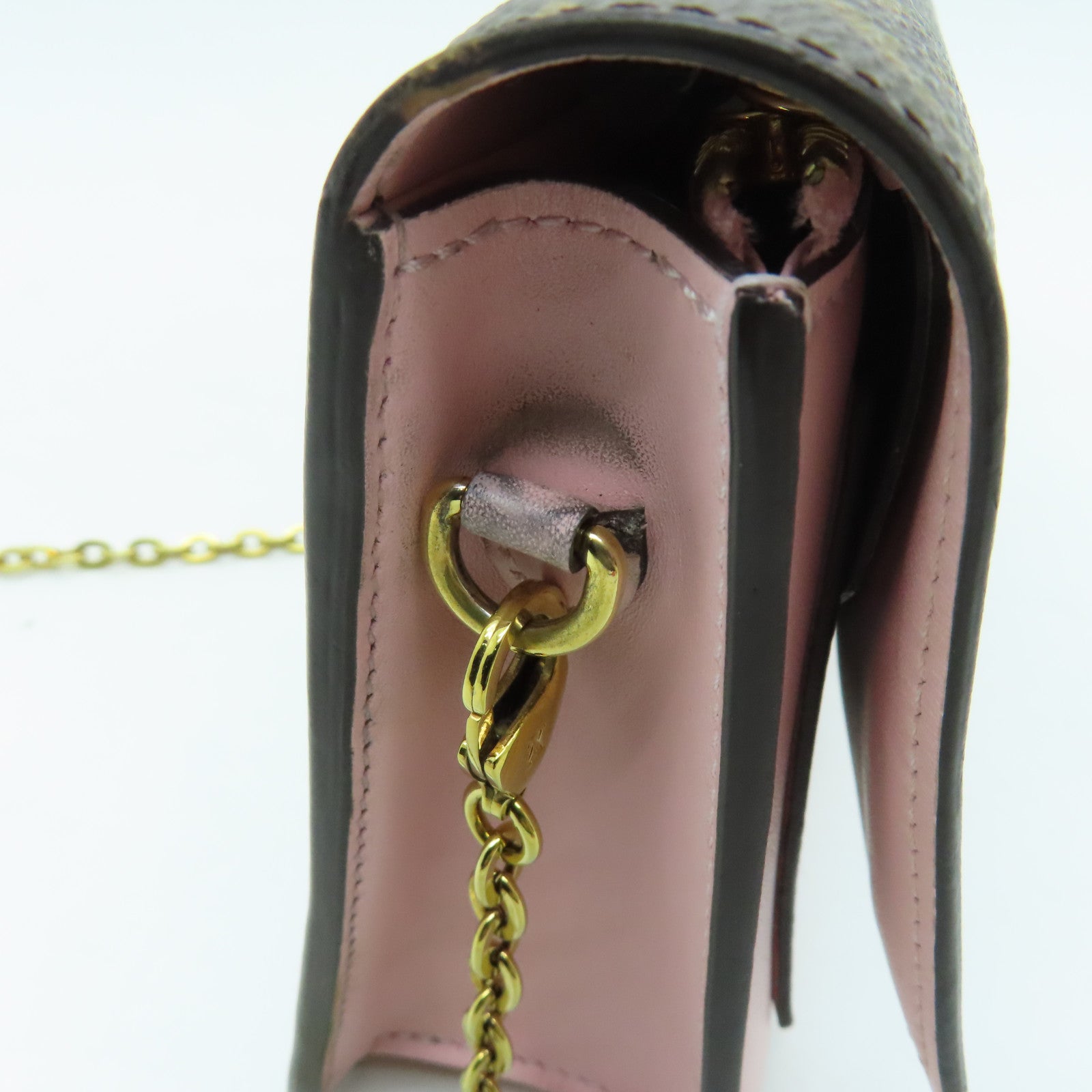 LOUIS VUITTON Monogram Flore Chain Wallet金扣鏈帶肩背袋棕色/粉紅色