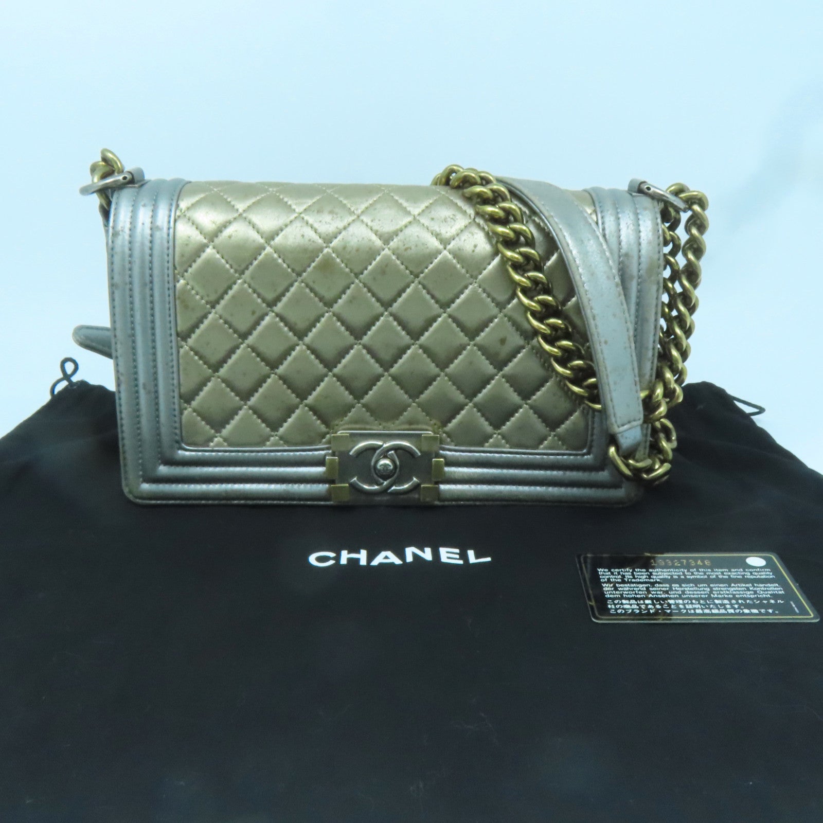 CHANEL 【激減優惠】菱格牛皮皮革Boy Chanel銀扣鏈帶肩背袋金色/銀色