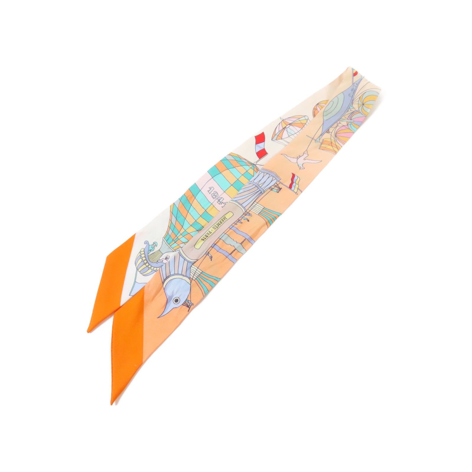 HERMES 絲質Twilly絲巾橙色/米色/綠色