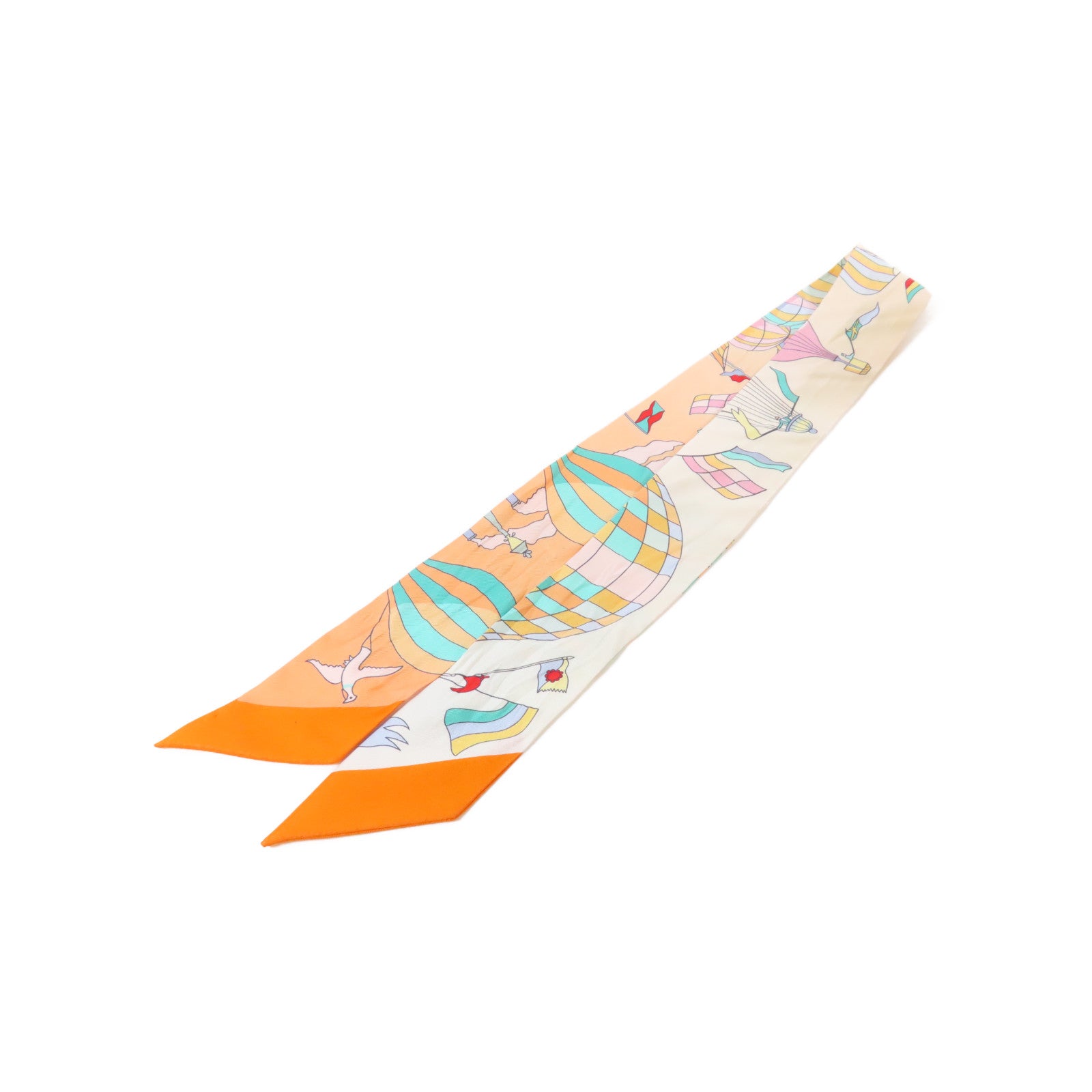 HERMES 絲質Twilly絲巾橙色/米色/綠色
