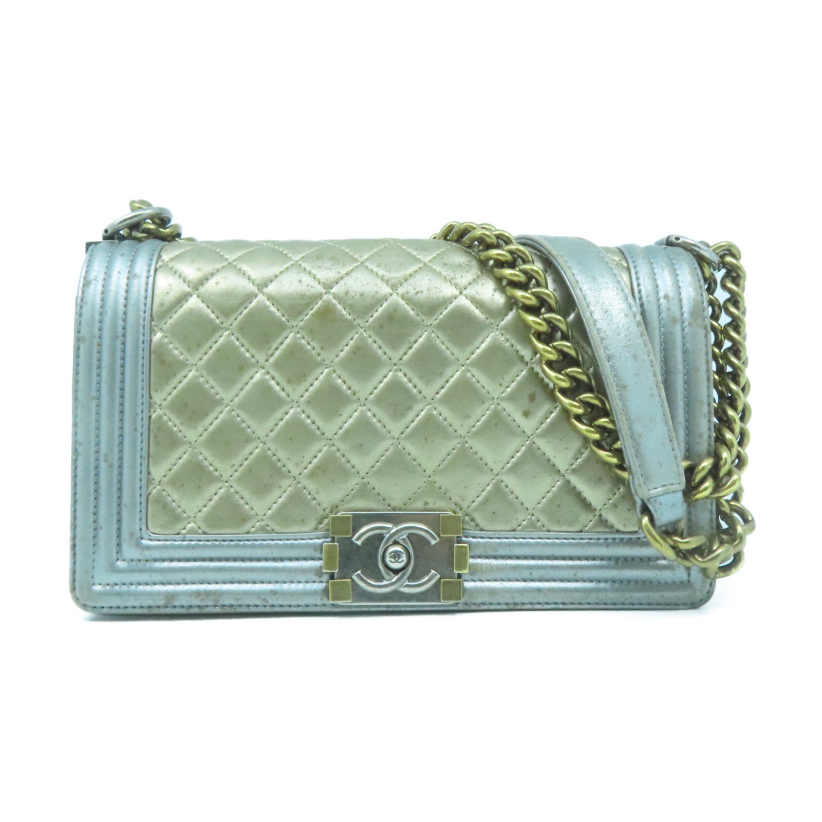 CHANEL 【激減優惠】菱格牛皮皮革Boy Chanel銀扣鏈帶肩背袋金色/銀色