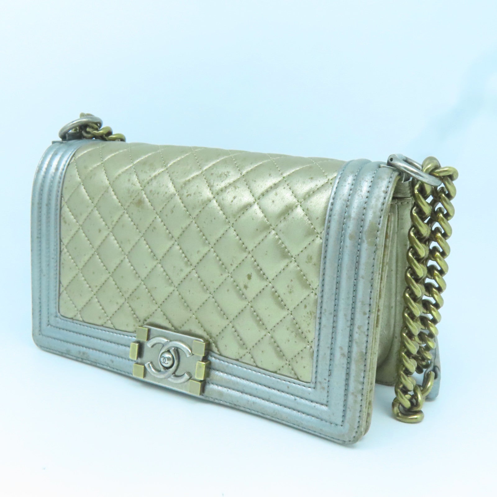 CHANEL 【激減優惠】菱格牛皮皮革Boy Chanel銀扣鏈帶肩背袋金色/銀色