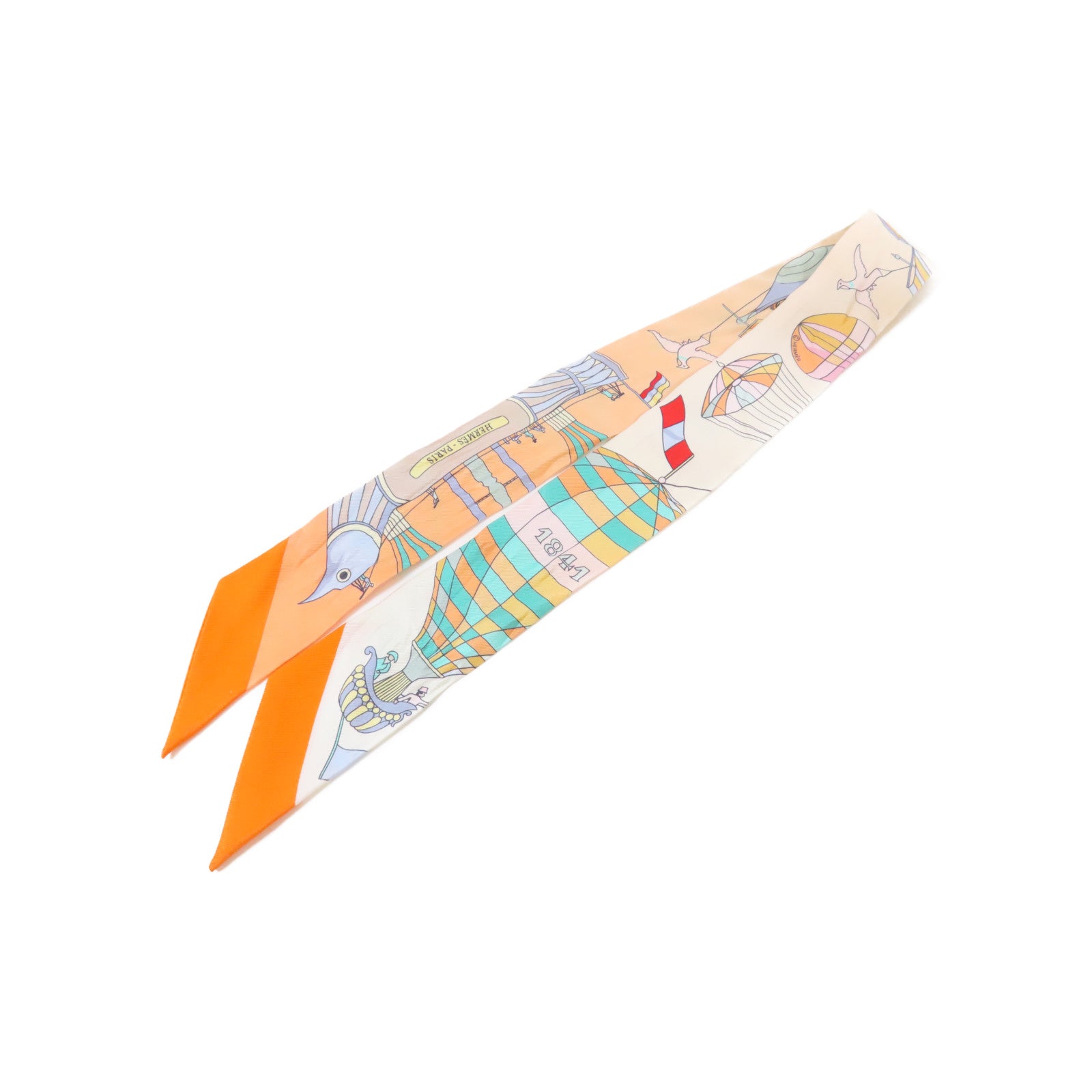 HERMES 絲質Twilly絲巾橙色/米色/綠色
